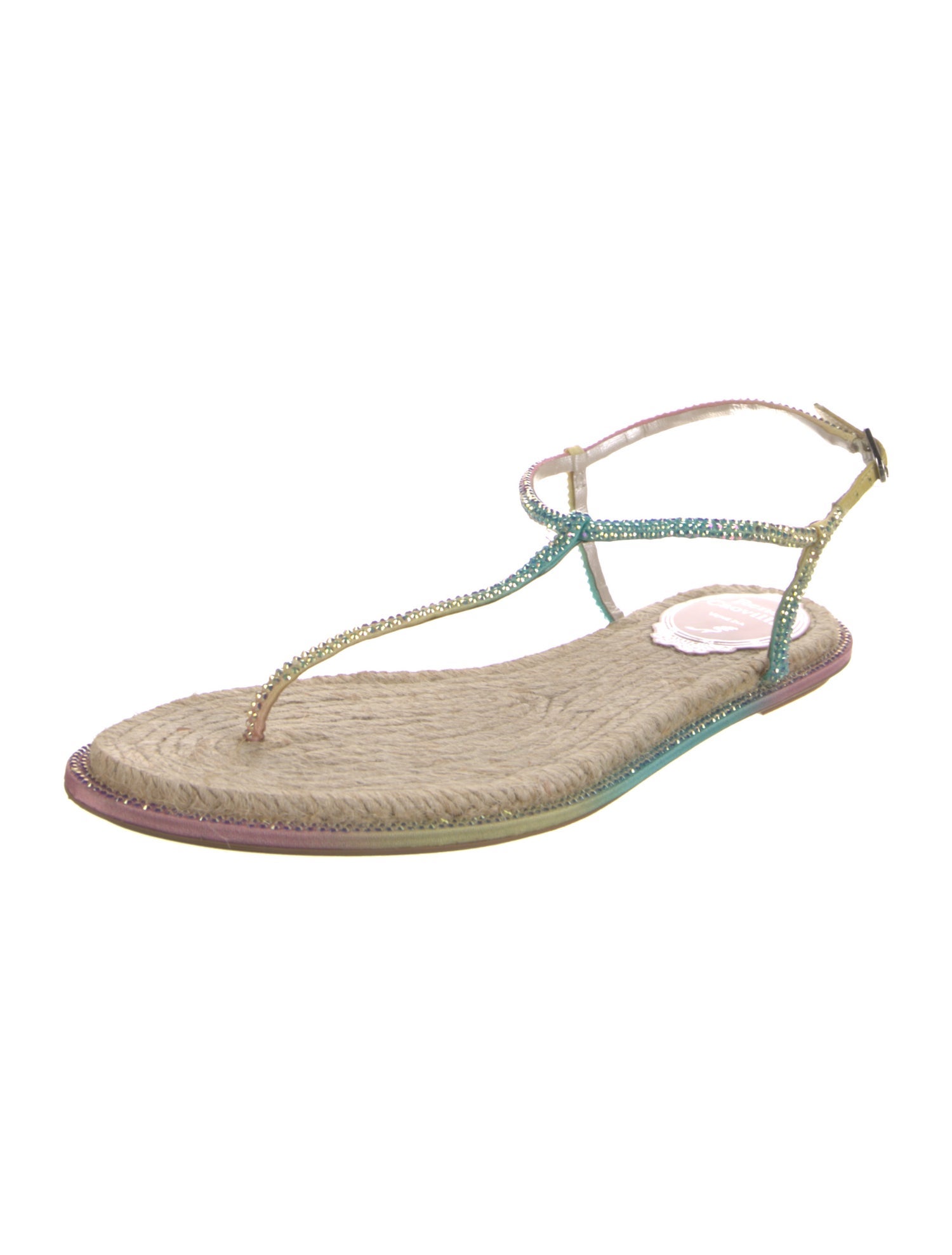 René Caovilla Leather Crystal Embellishments T-Strap Sandals