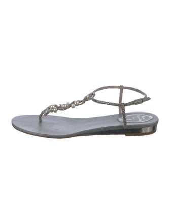 René Caovilla Leather Crystal Embellishments T-Strap Sandals