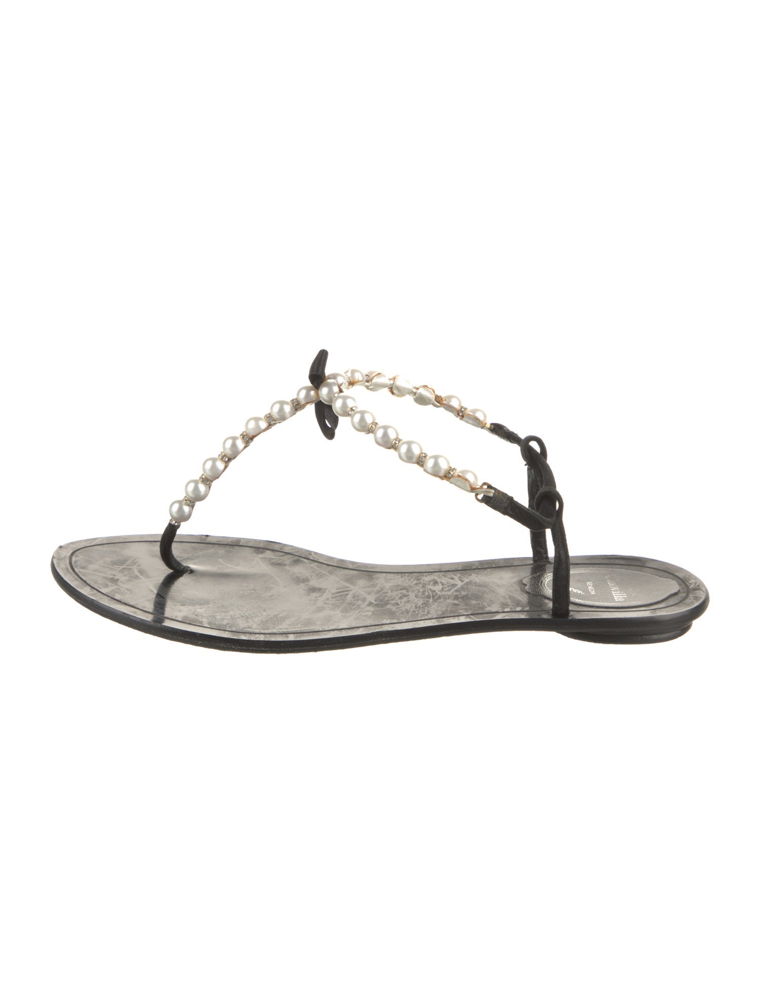 René Caovilla Faux Pearl Accents Leather T-Strap Sandals