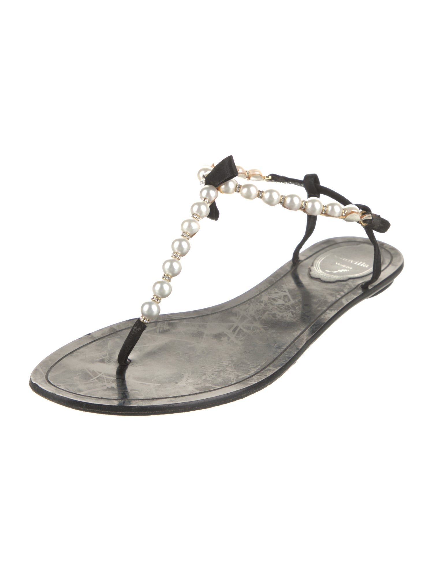 René Caovilla Faux Pearl Accents Leather T-Strap Sandals