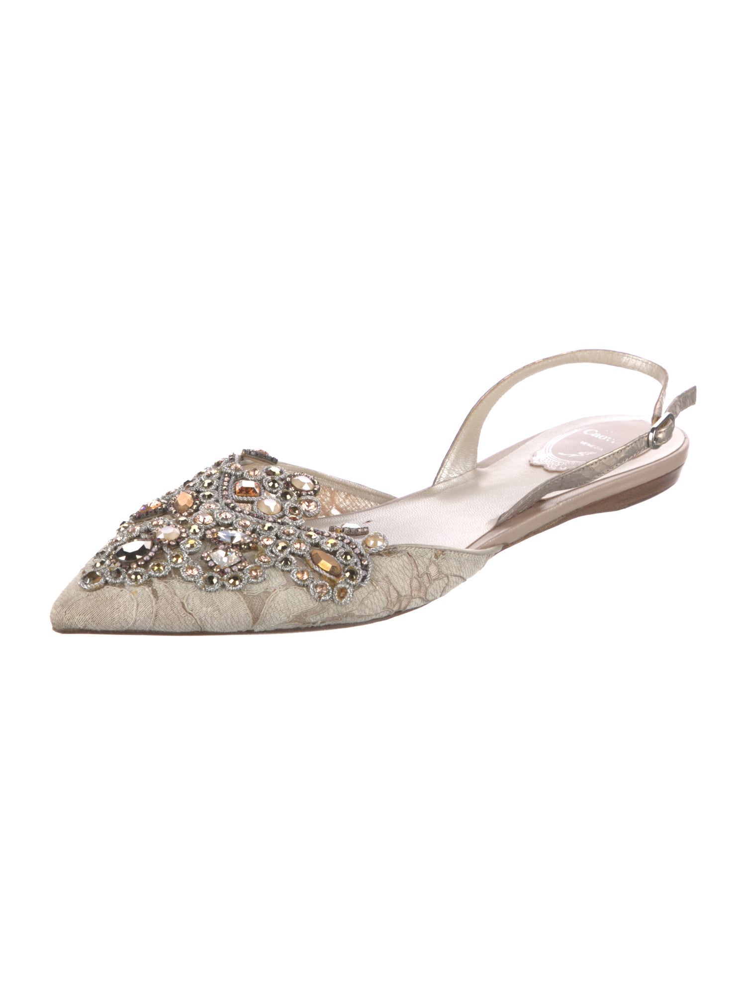 René Caovilla Lace Pattern Crystal Embellishments Slingback Flats