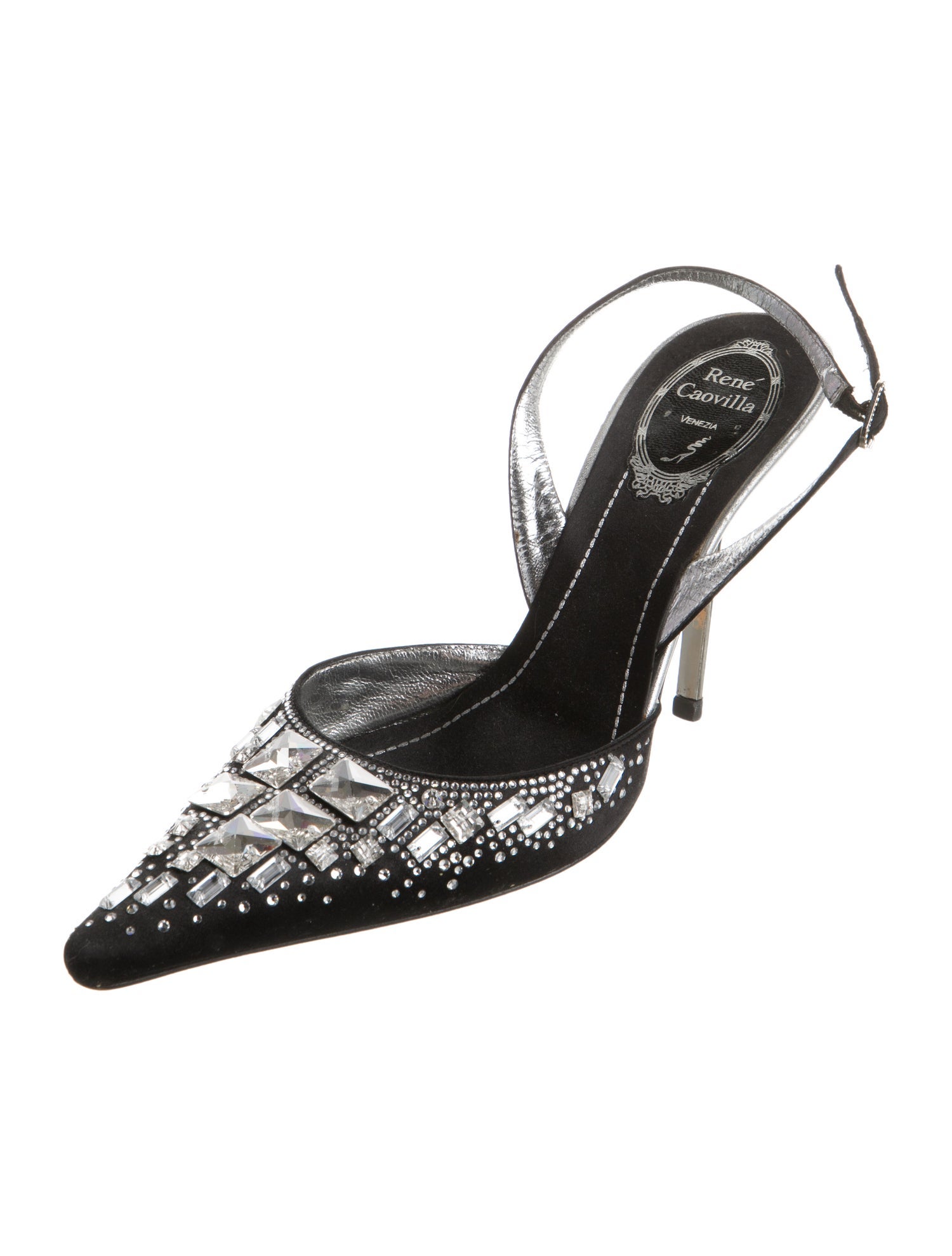 René Caovilla Satin Crystal Embellishments Slingback Pumps