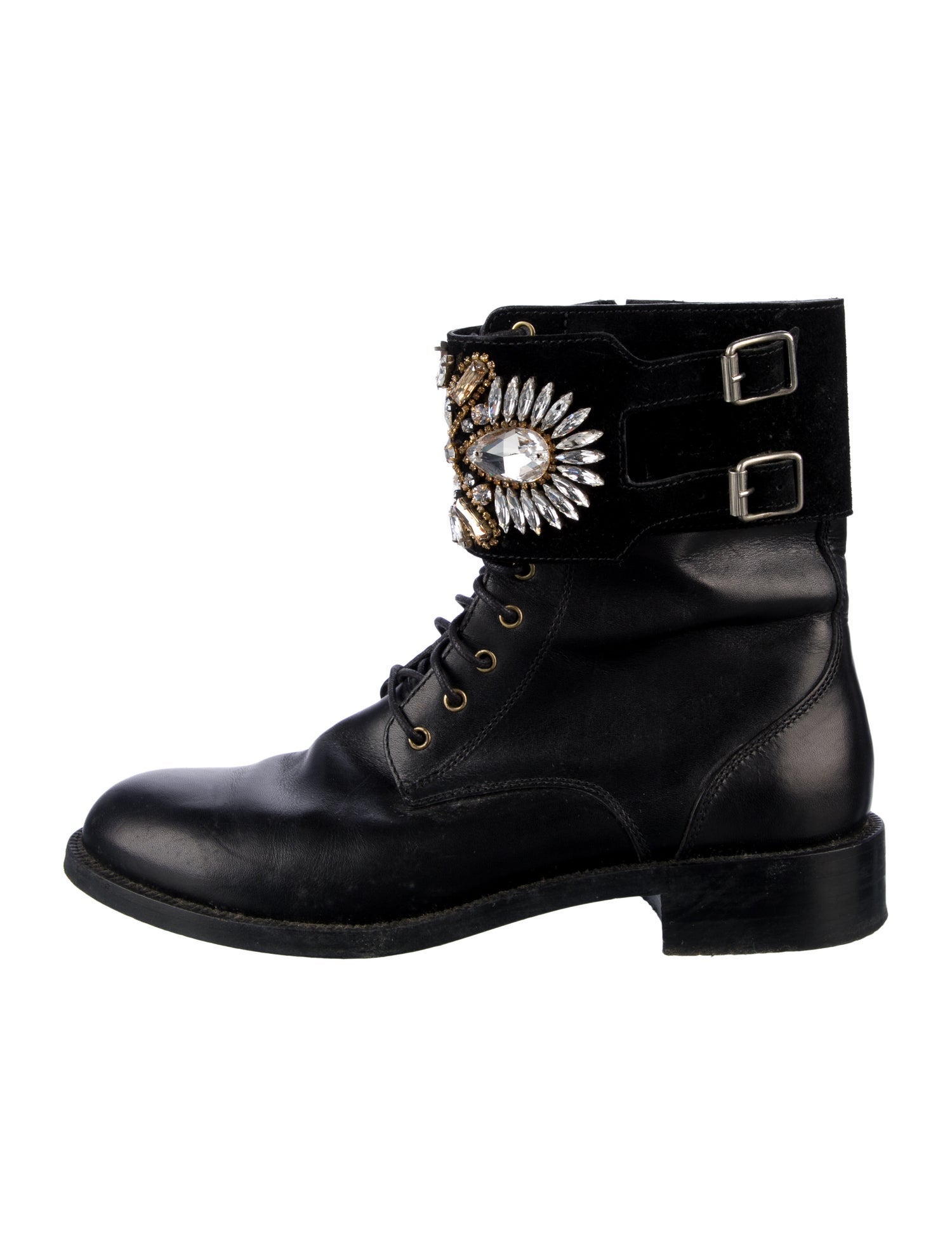 René Caovilla Leather Crystal Embellishments Combat Boots
