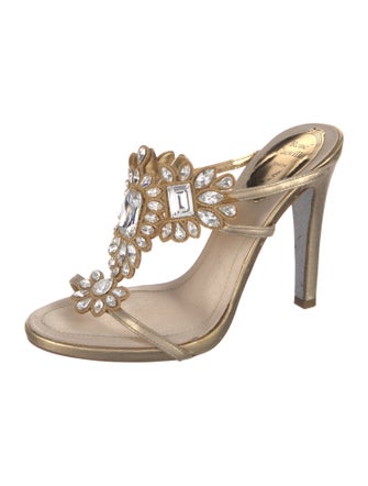 René Caovilla Leather Crystal Embellishments Slides