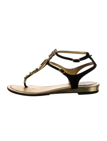 René Caovilla Sandals Suede Crystal Embellishments T-Strap IT 37 | 7