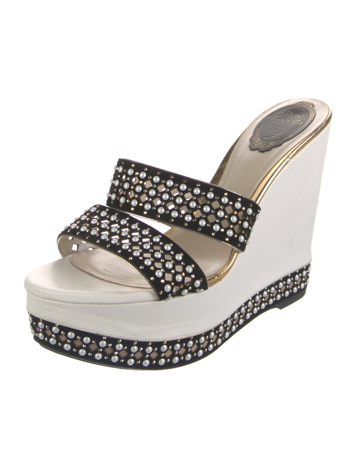 René Caovilla Leather Colorblock Pattern Slides