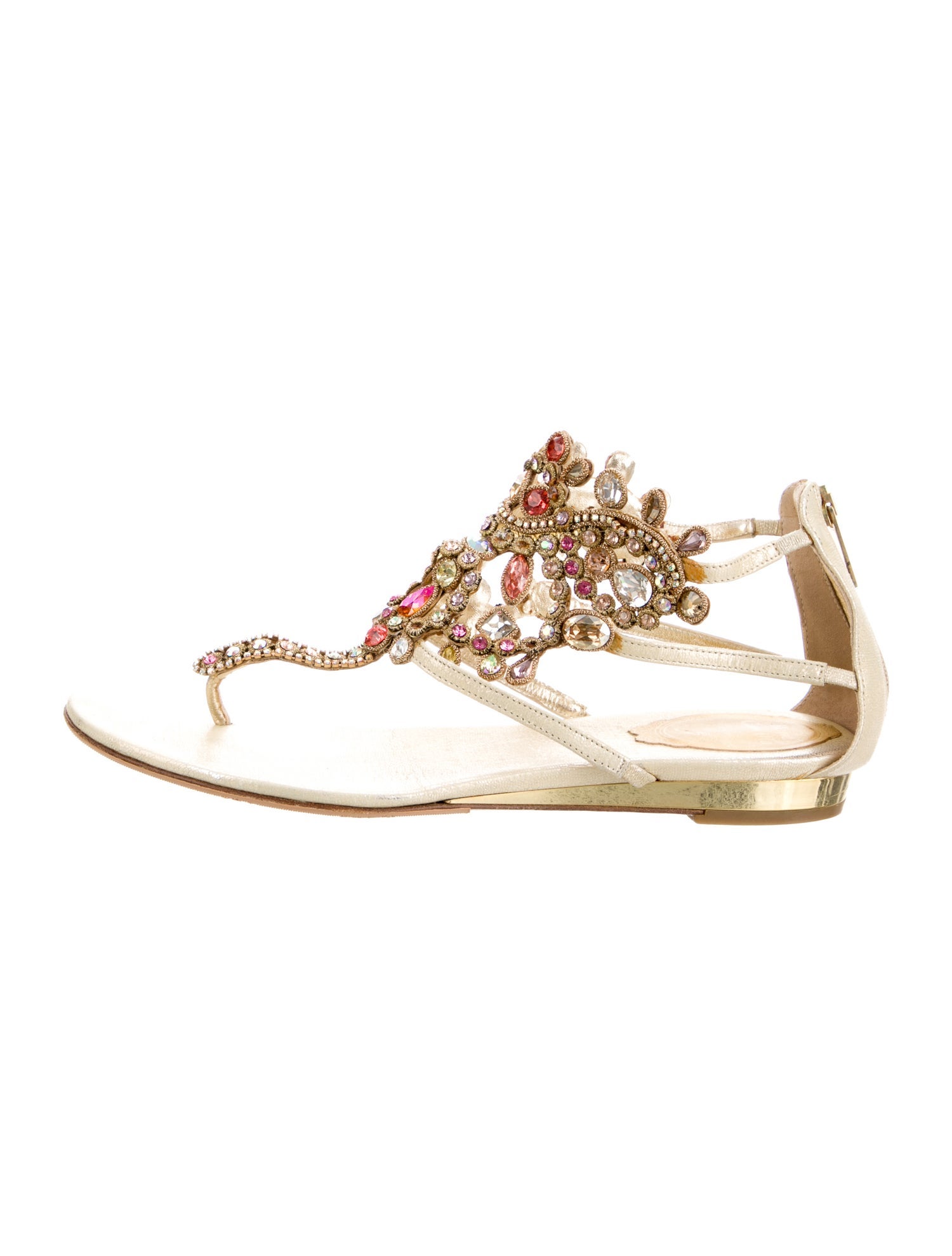 René Caovilla Leather Crystal Embellishments T-Strap Sandals