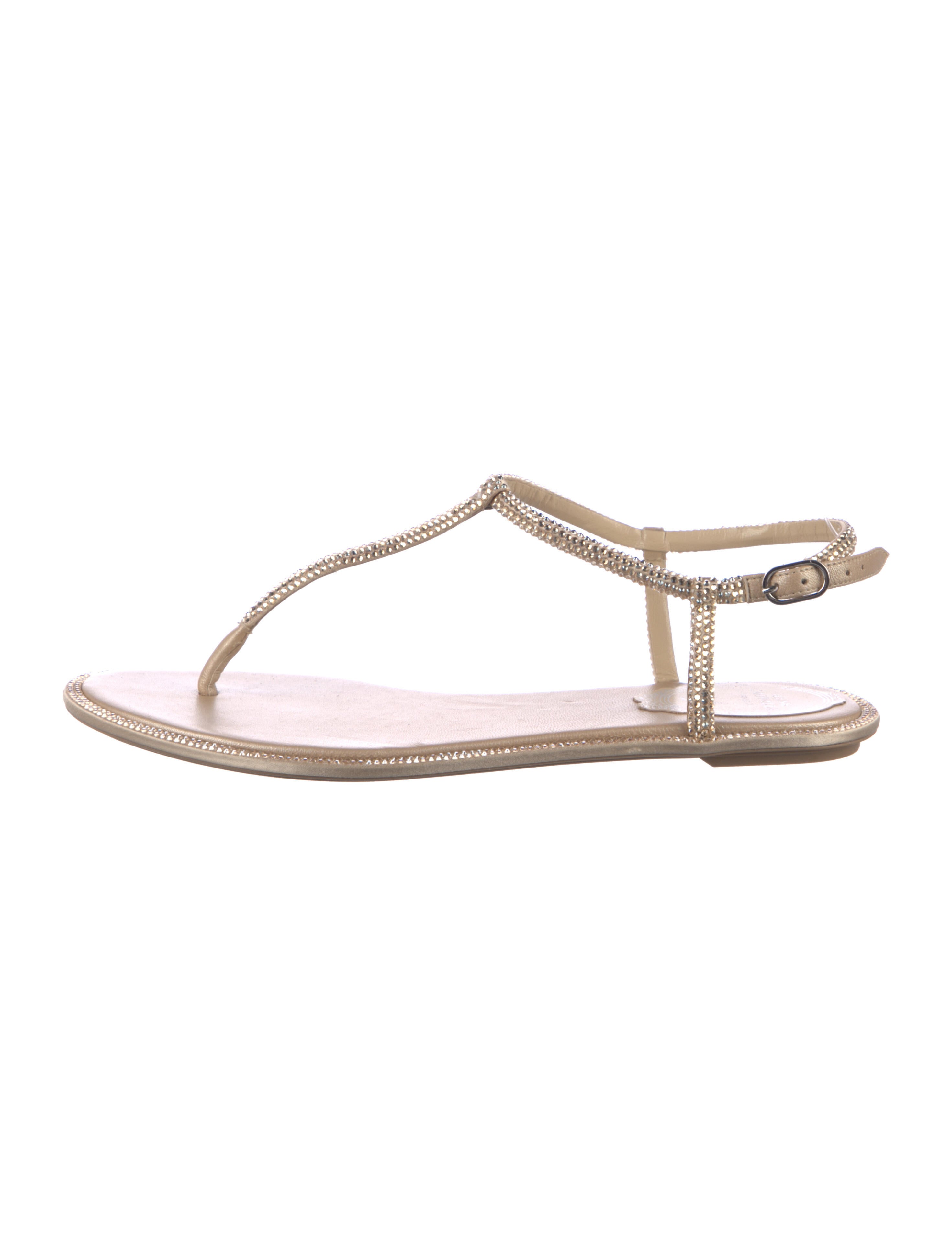 René Caovilla Faux Pearl Accents Leather T-Strap Sandals