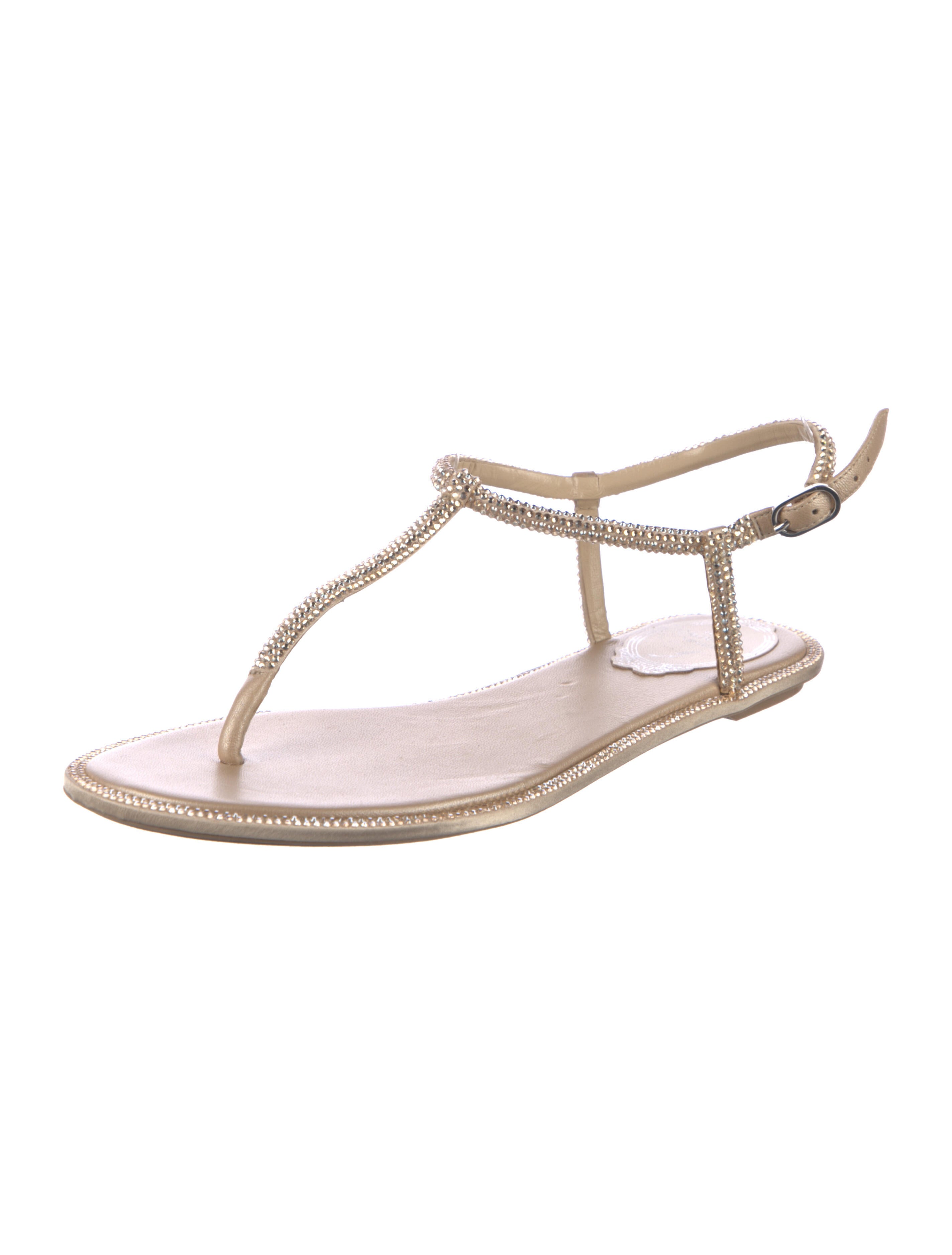 René Caovilla Faux Pearl Accents Leather T-Strap Sandals