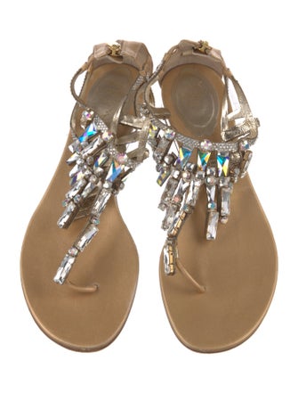 René Caovilla Leather Crystal Embellishments T-Strap Sandals