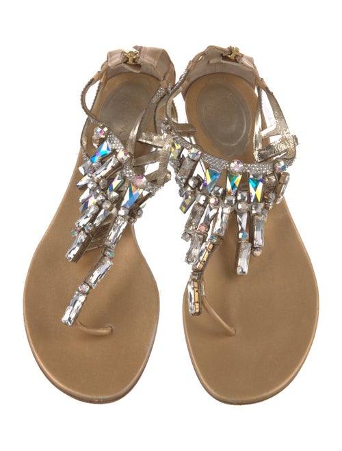 René Caovilla Leather Crystal Embellishments T-Strap Sandals