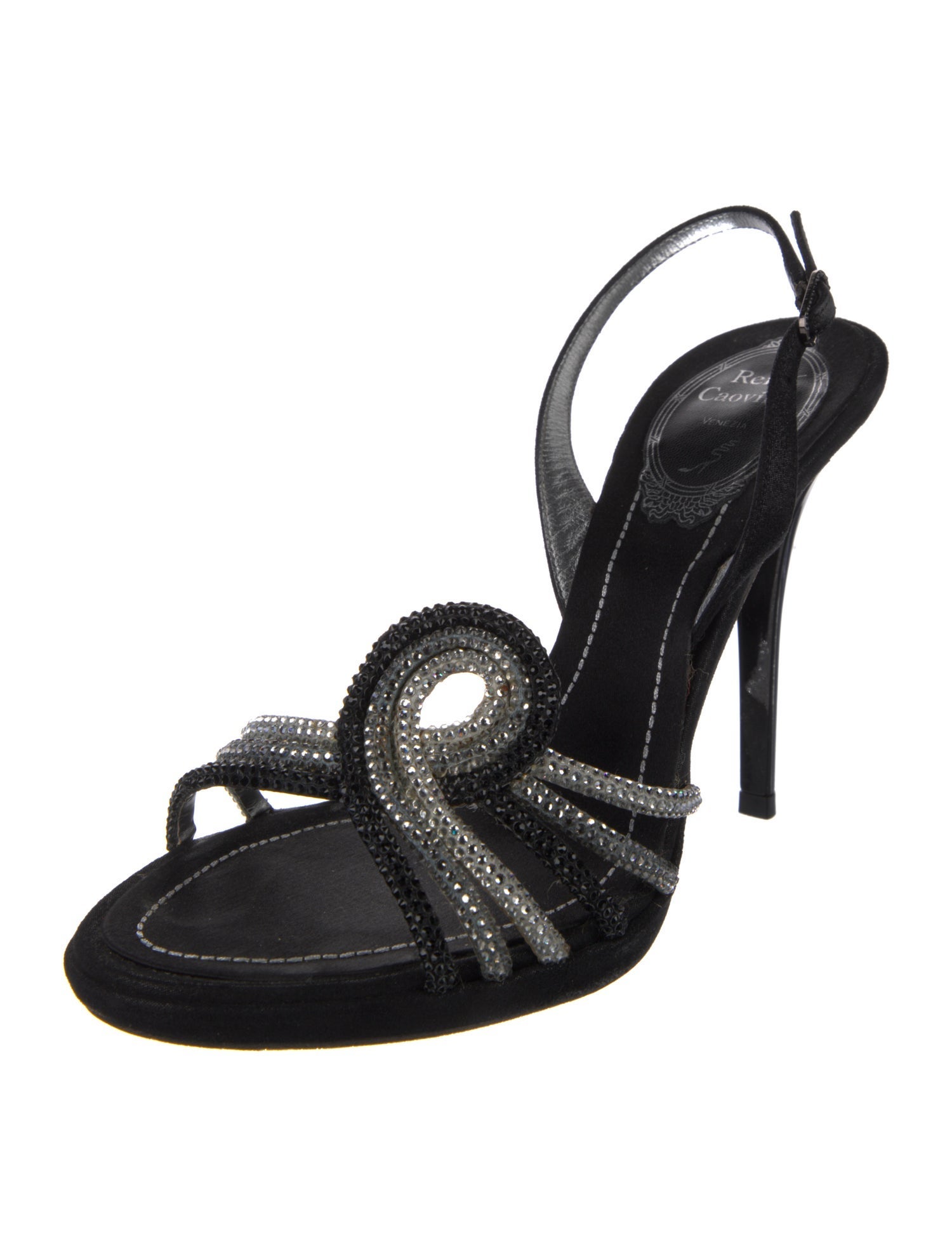 René Caovilla Satin Crystal Embellishments Slingback Sandals