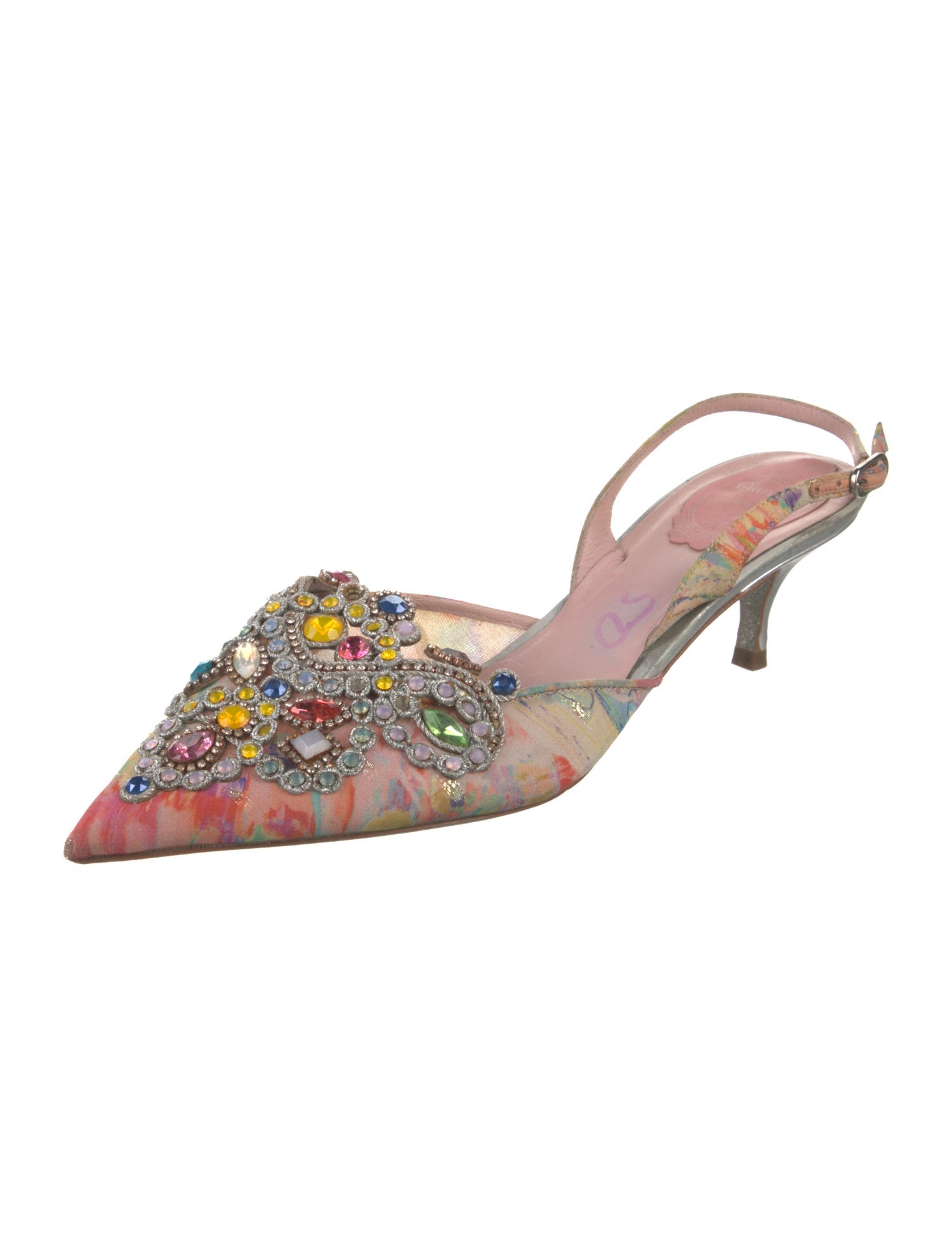 René Caovilla Lace Floral Print Slingback Pumps