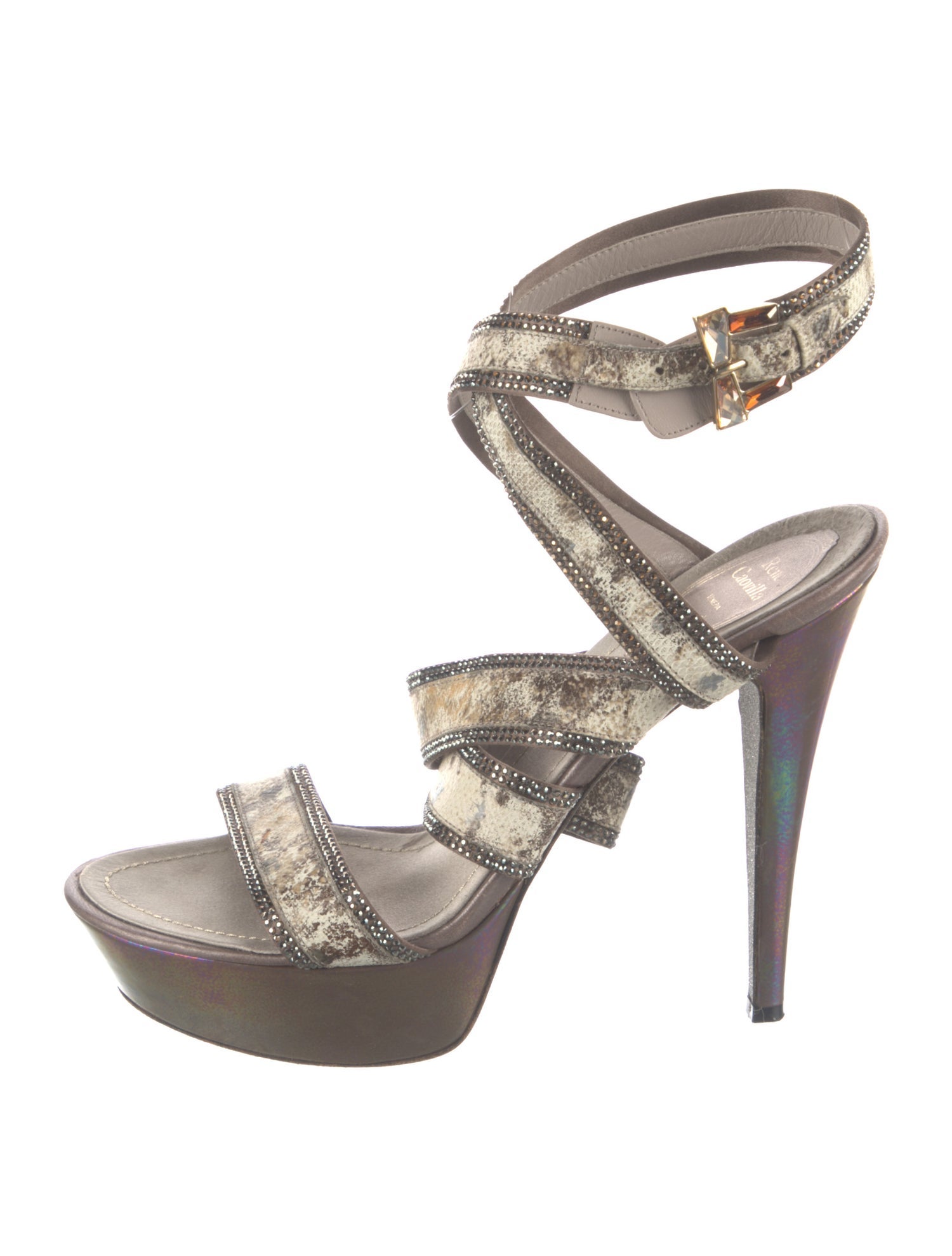 René Caovilla Leather Animal Print Slingback Pumps