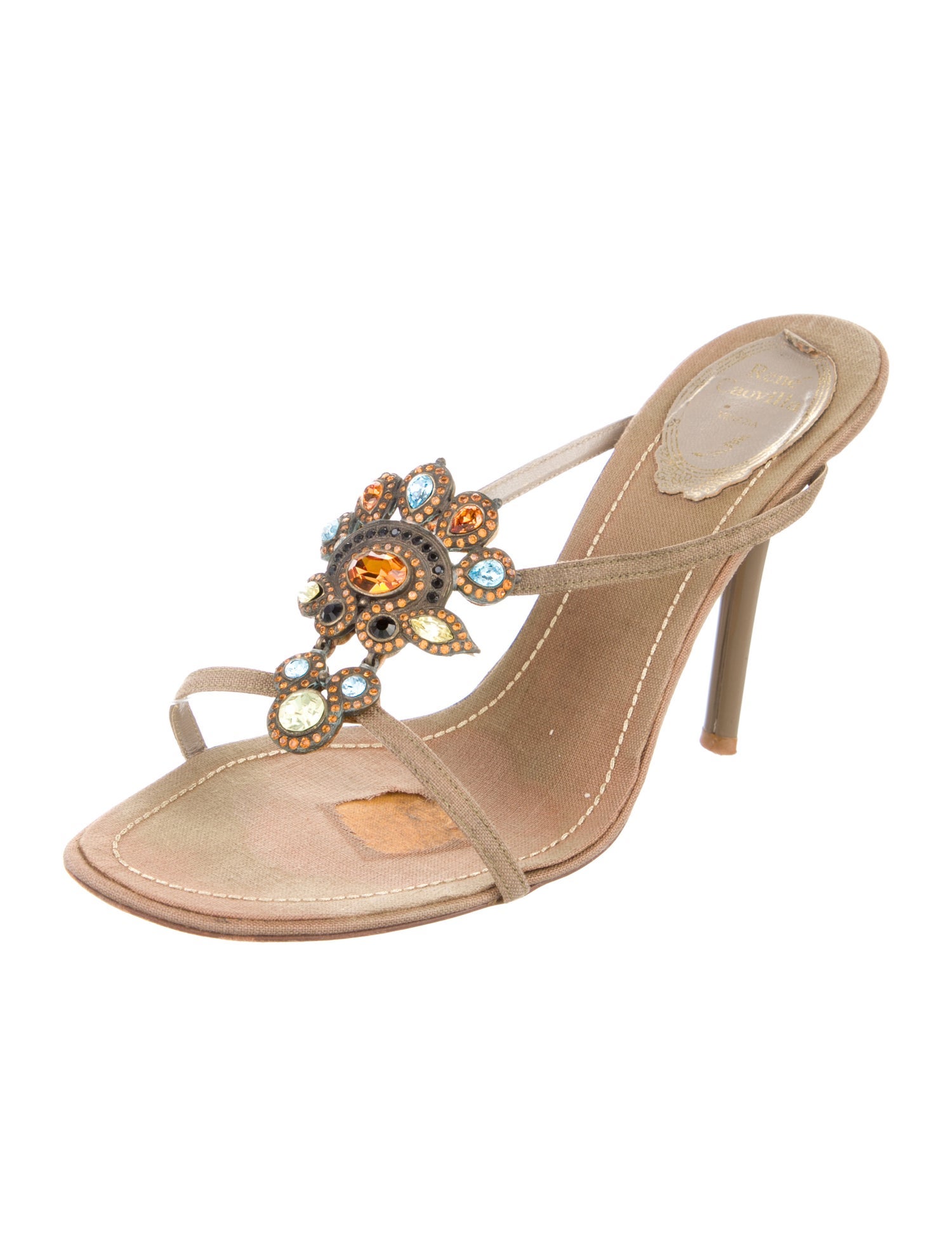 René Caovilla Canvas Crystal Embellishments Slides