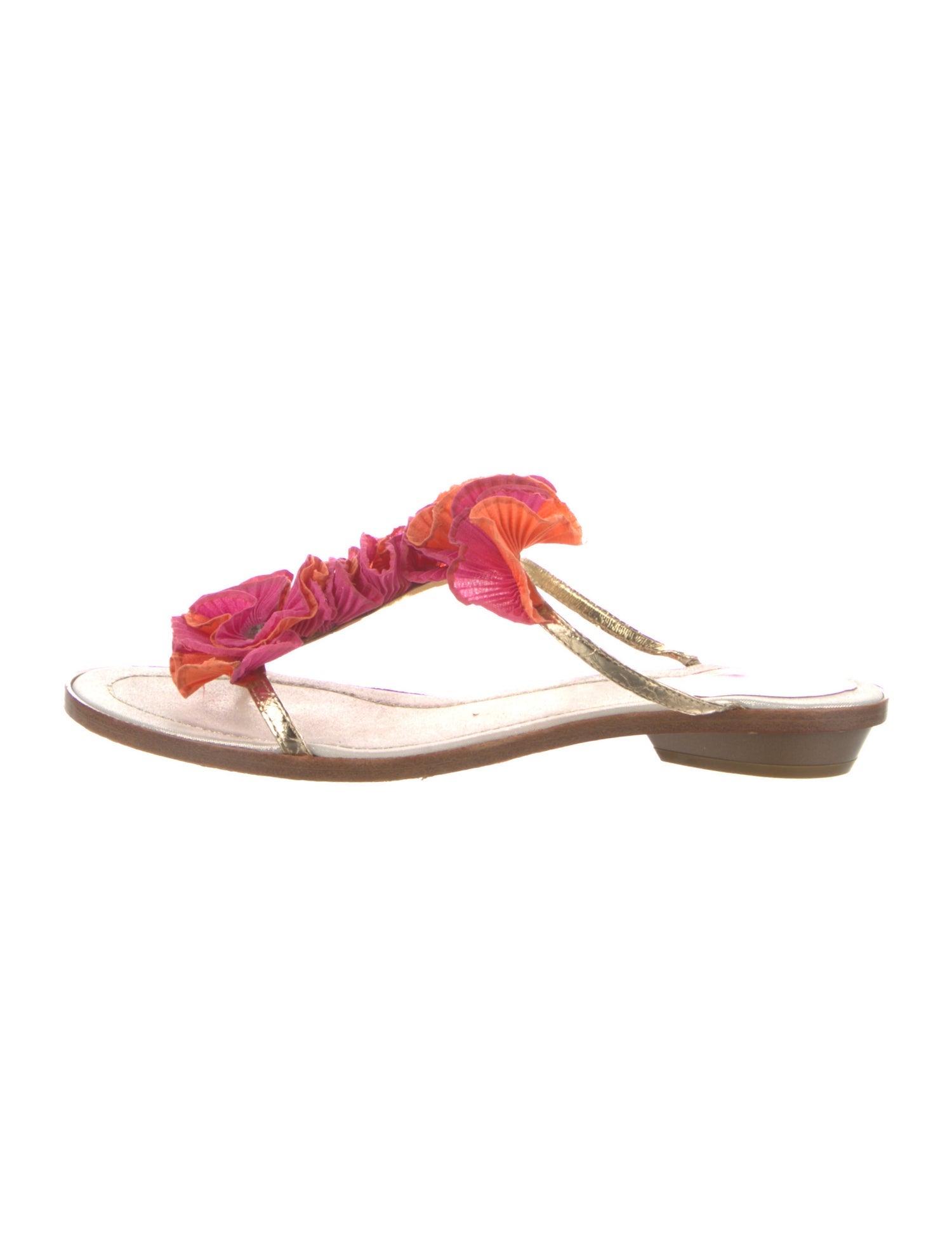 René Caovilla Leather Floral Print T-Strap Sandals