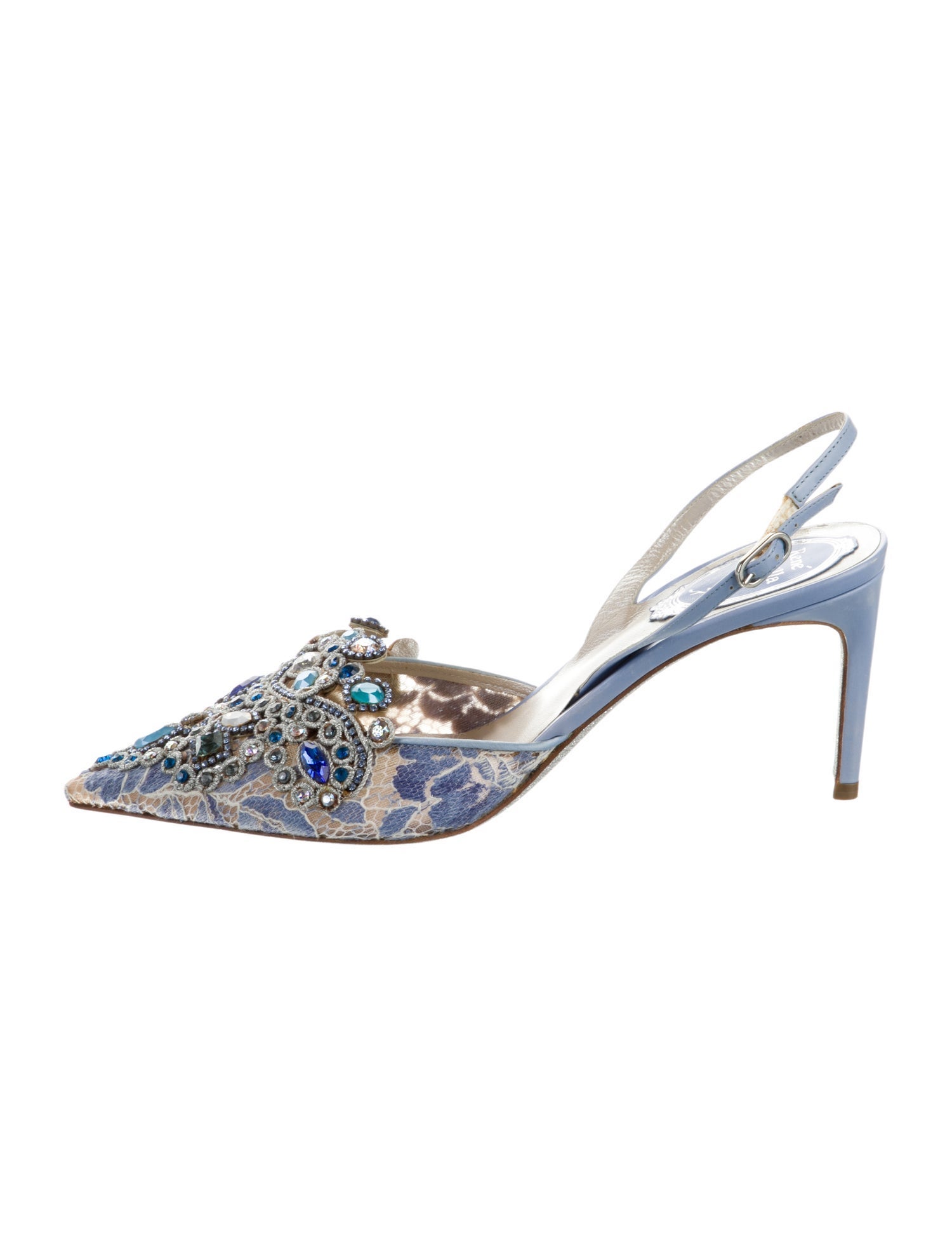 René Caovilla Lace Floral Print Slingback Pumps