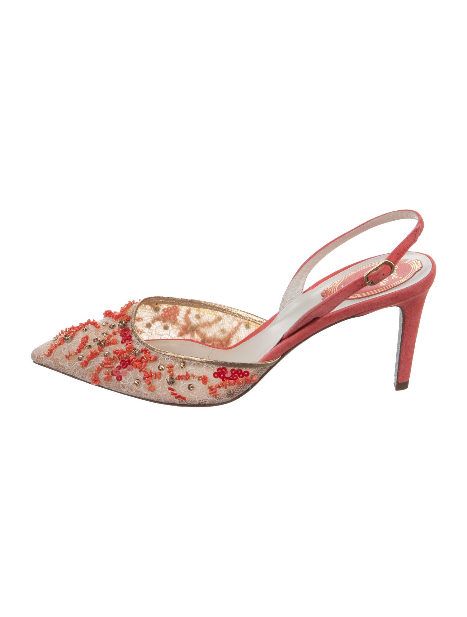 René Caovilla Suede Lace Pattern Slingback Pumps