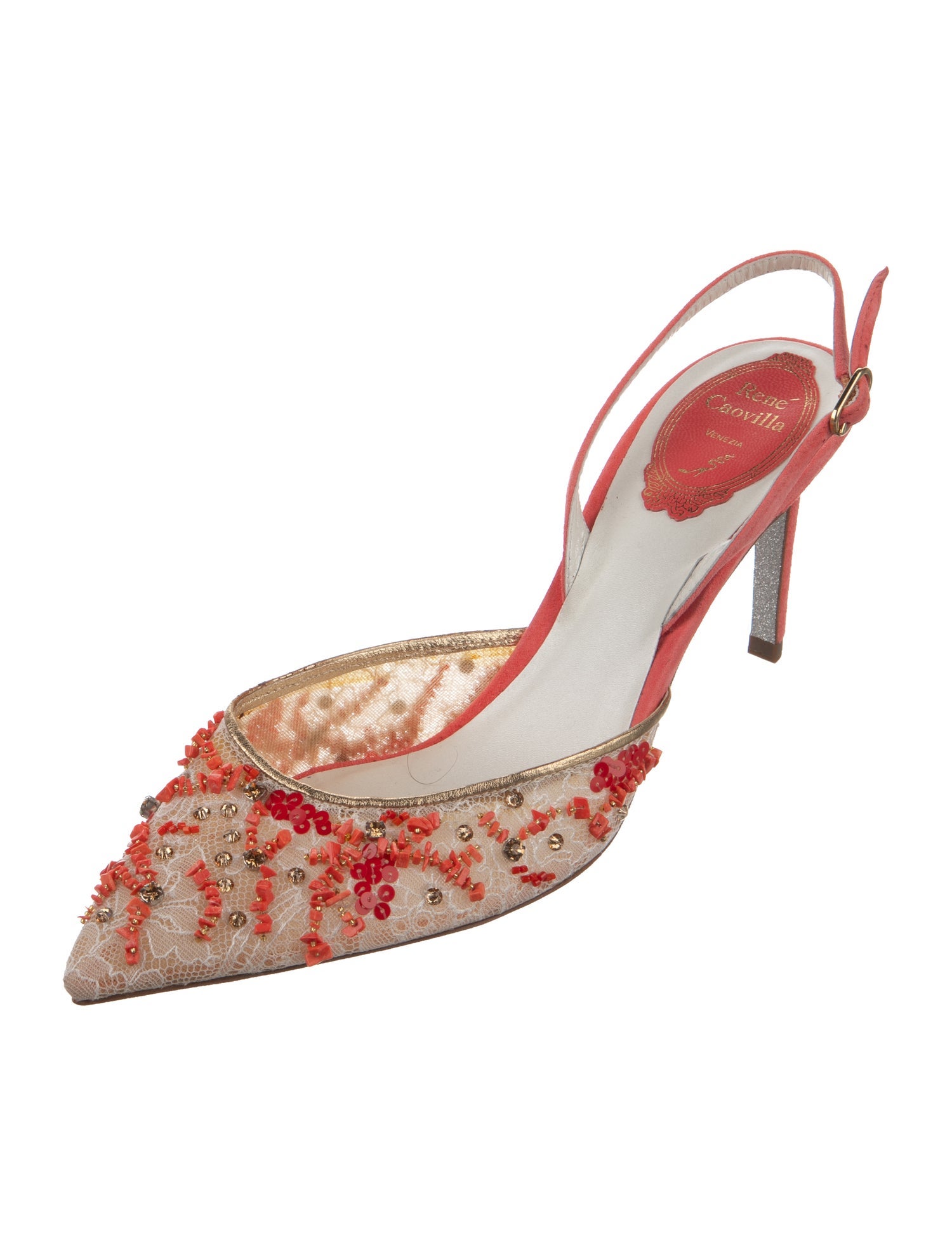René Caovilla Suede Lace Pattern Slingback Pumps