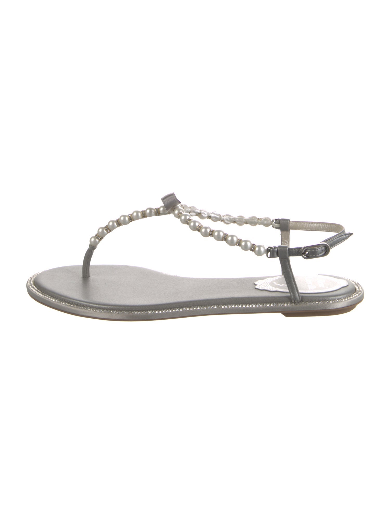 René Caovilla Faux Pearl Accents Leather T-Strap Sandals