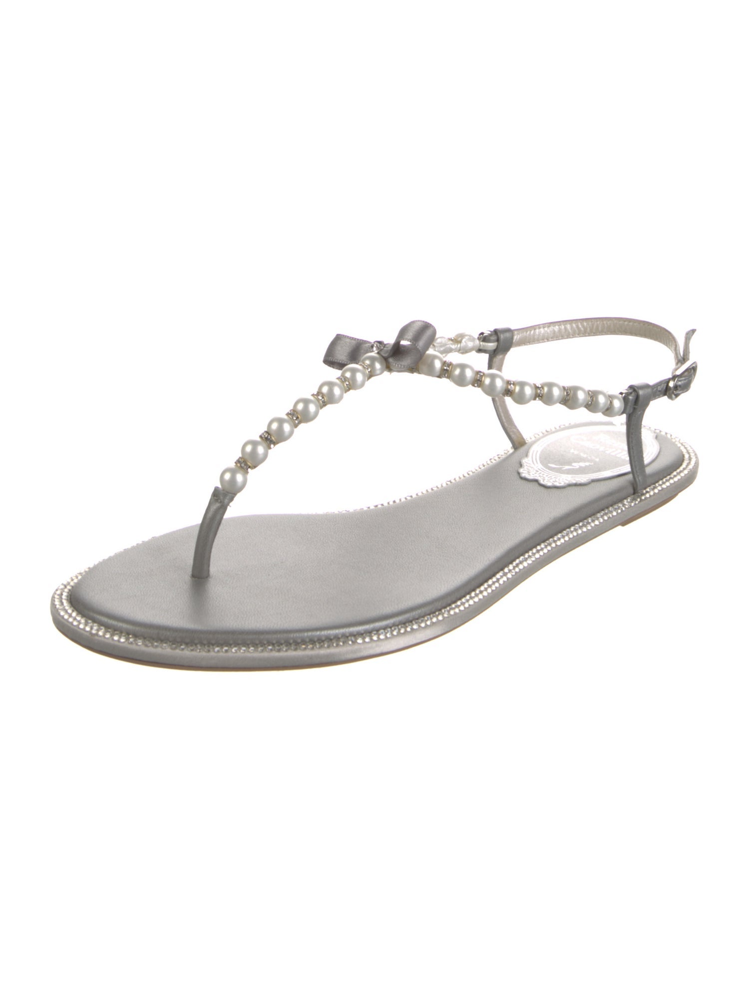 René Caovilla Faux Pearl Accents Leather T-Strap Sandals