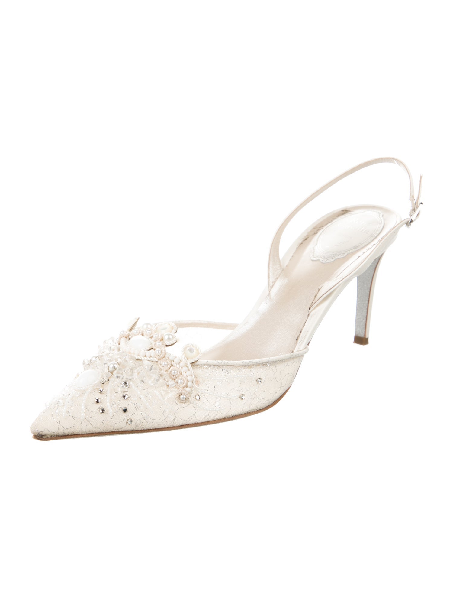 René Caovilla Snakeskin Lace Pattern Slingback Pumps