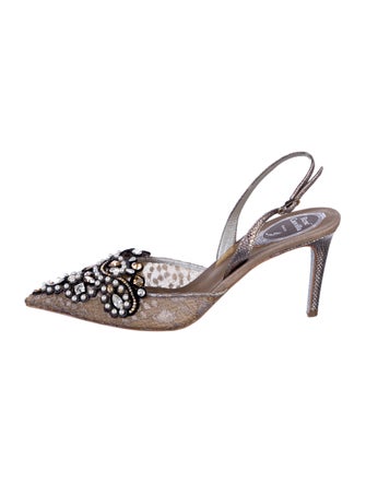 René Caovilla Mesh Lace Pattern Slingback Pumps