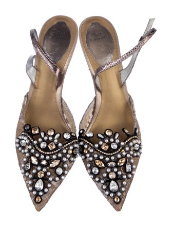 René Caovilla Mesh Lace Pattern Slingback Pumps