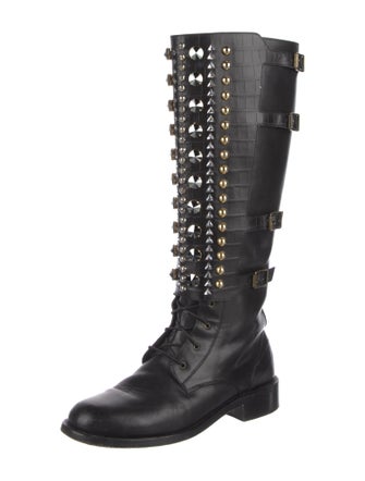 René Caovilla Leather Patterned Combat Boots