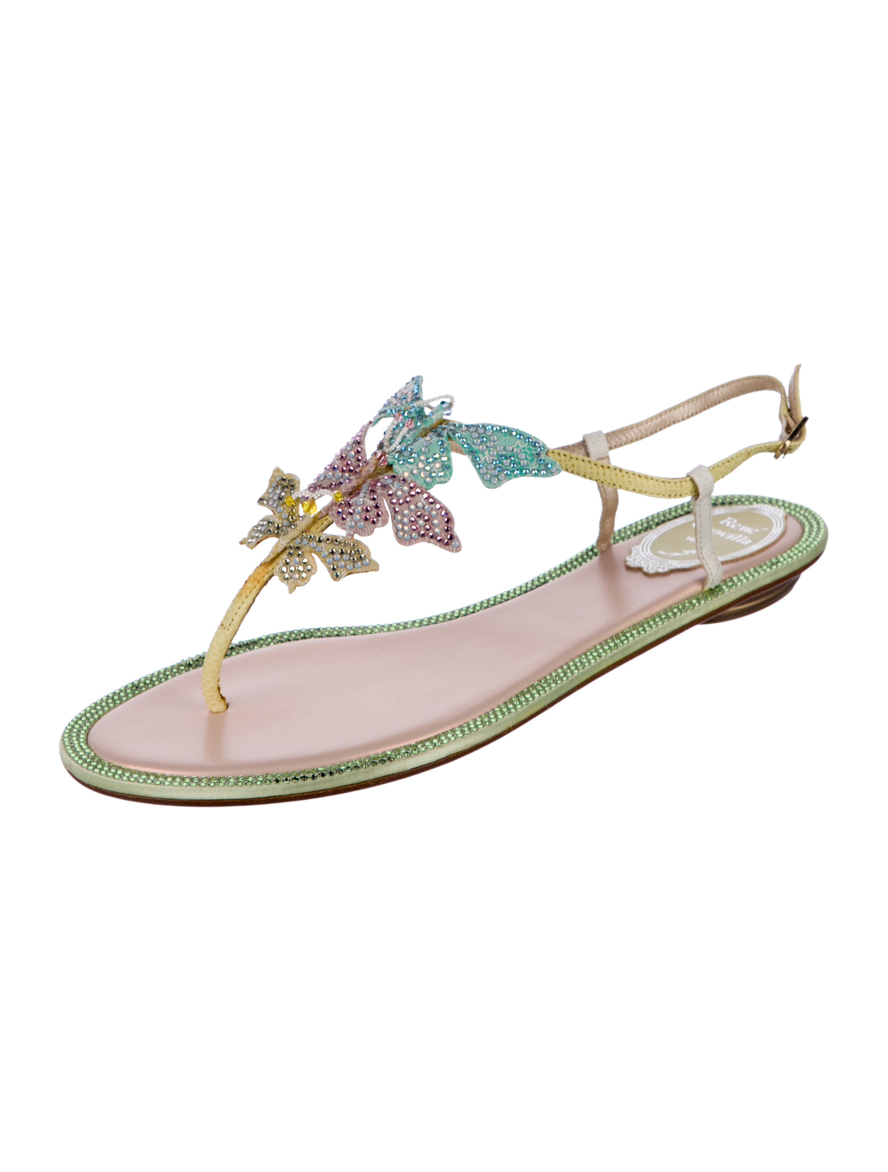 René Caovilla Leather Crystal Embellishments T-Strap Sandals
