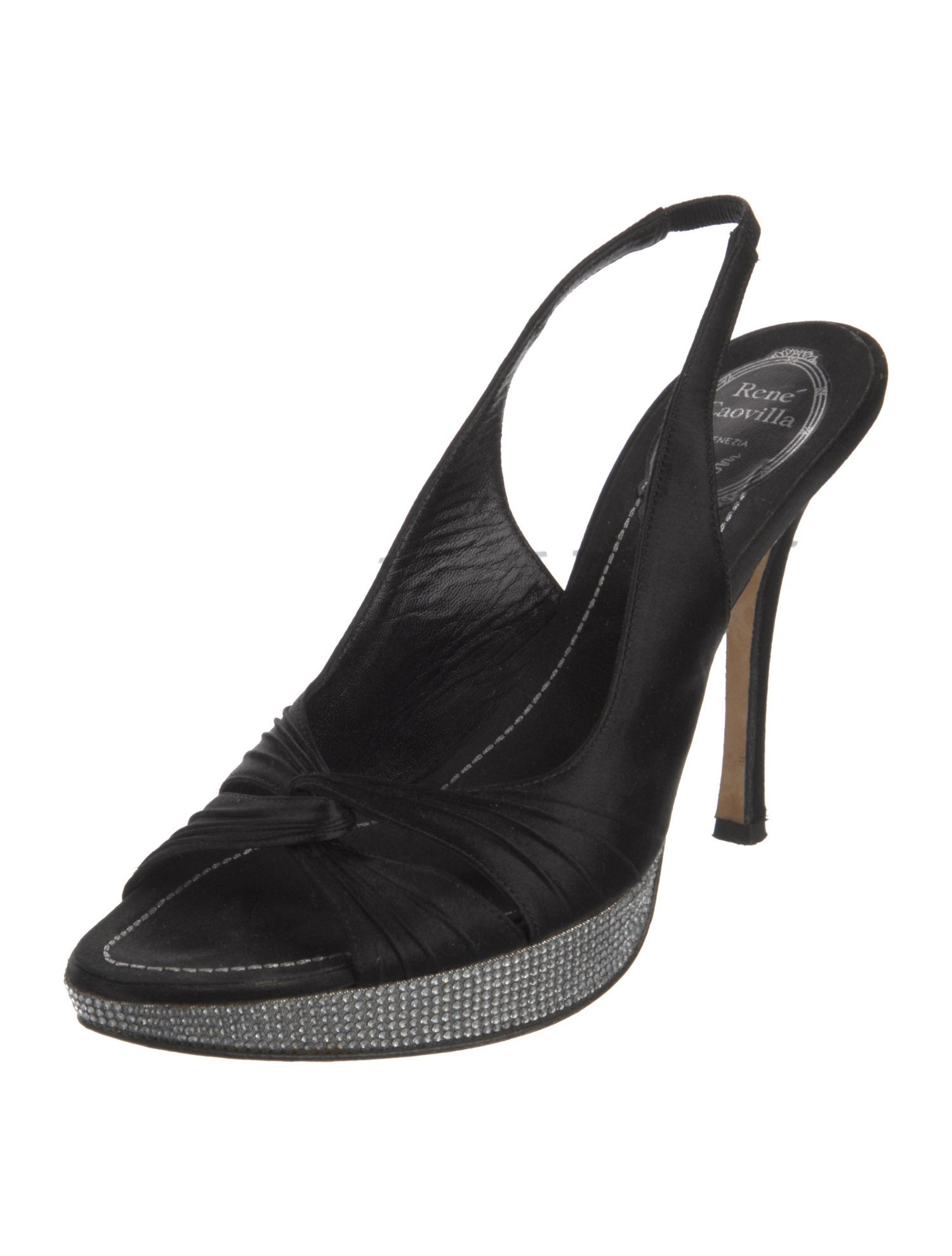 René Caovilla Satin Crystal Embellishments Slingback Sandals