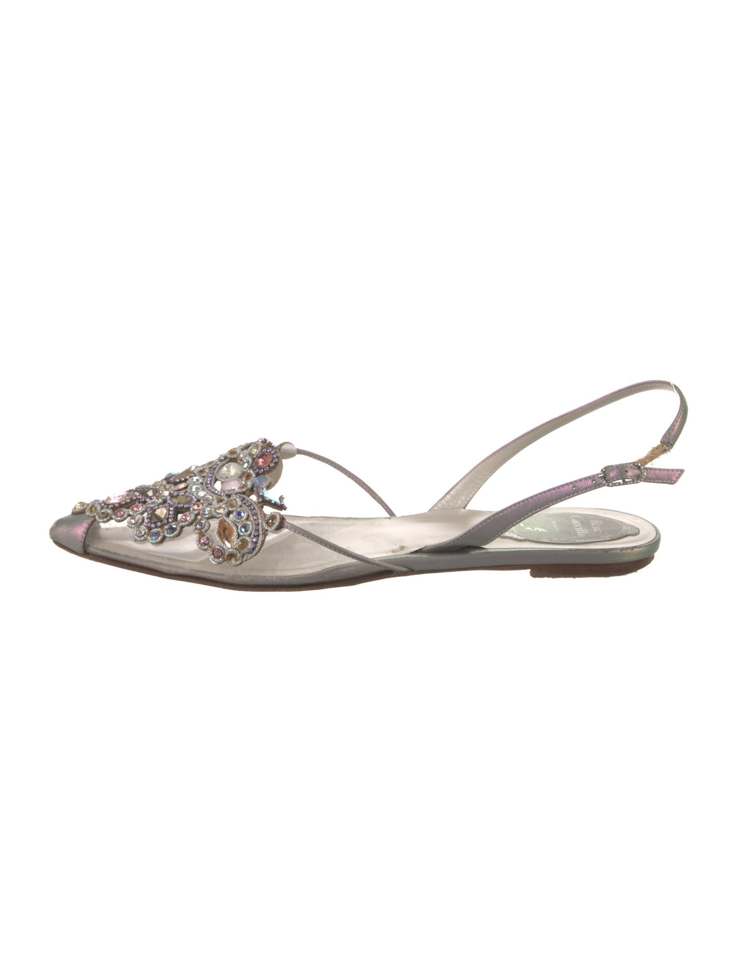 René Caovilla Leather Crystal Embellishments Slingback Flats