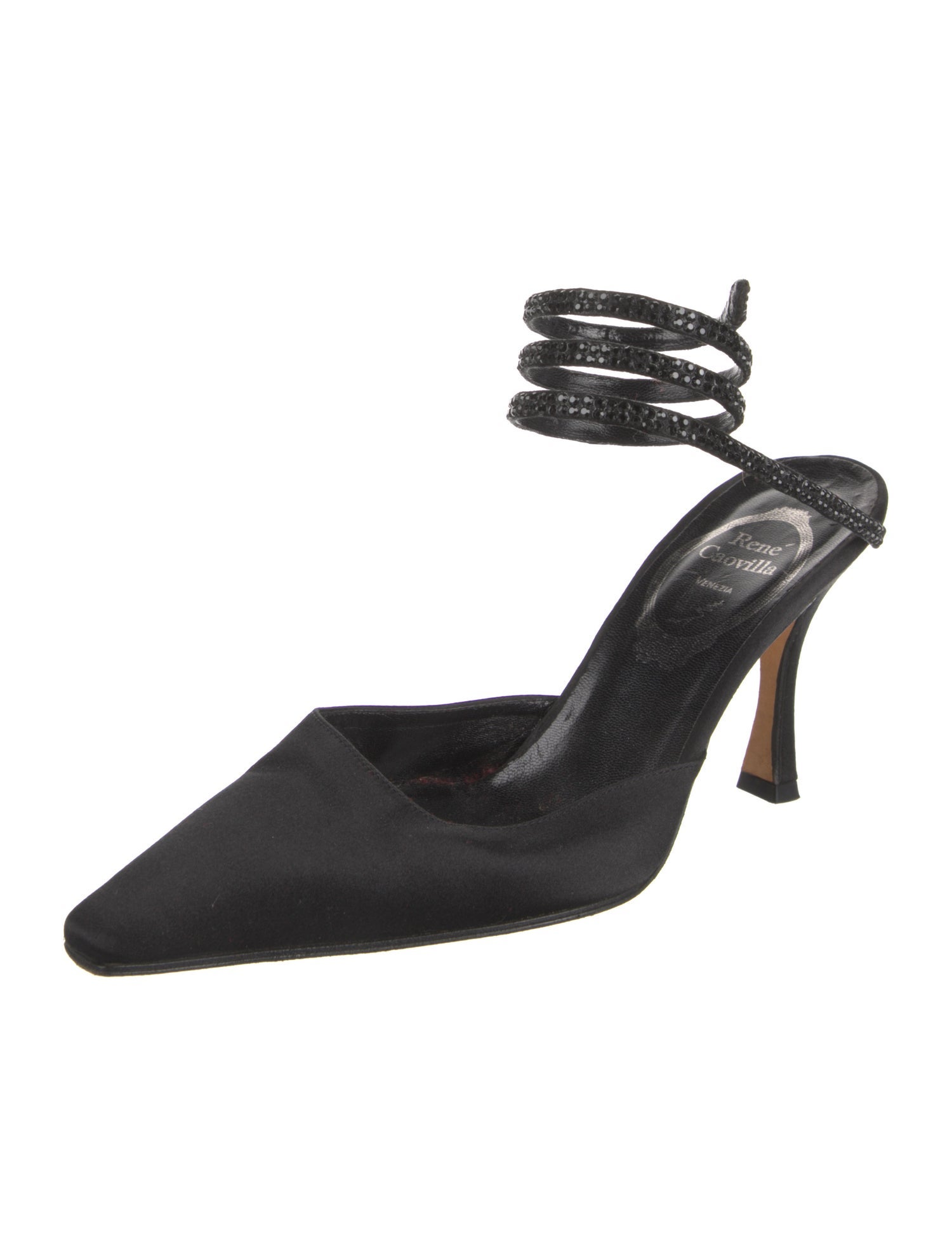 René Caovilla Satin Crystal Embellishments Mules