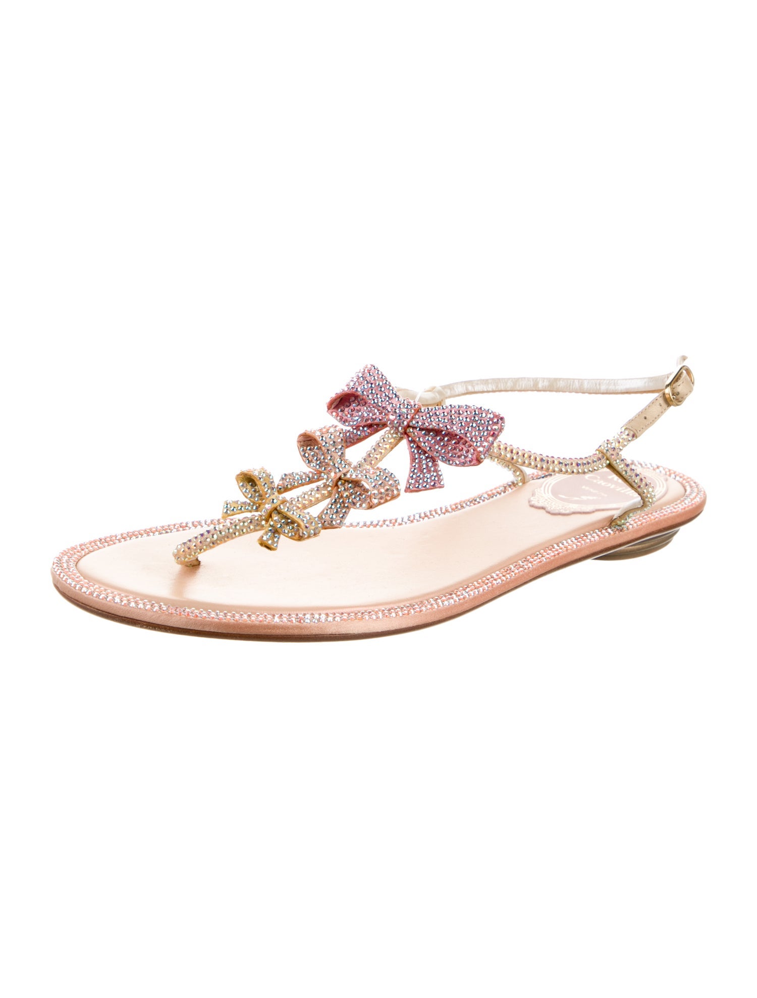 René Caovilla Leather Crystal Embellishments T-Strap Sandals