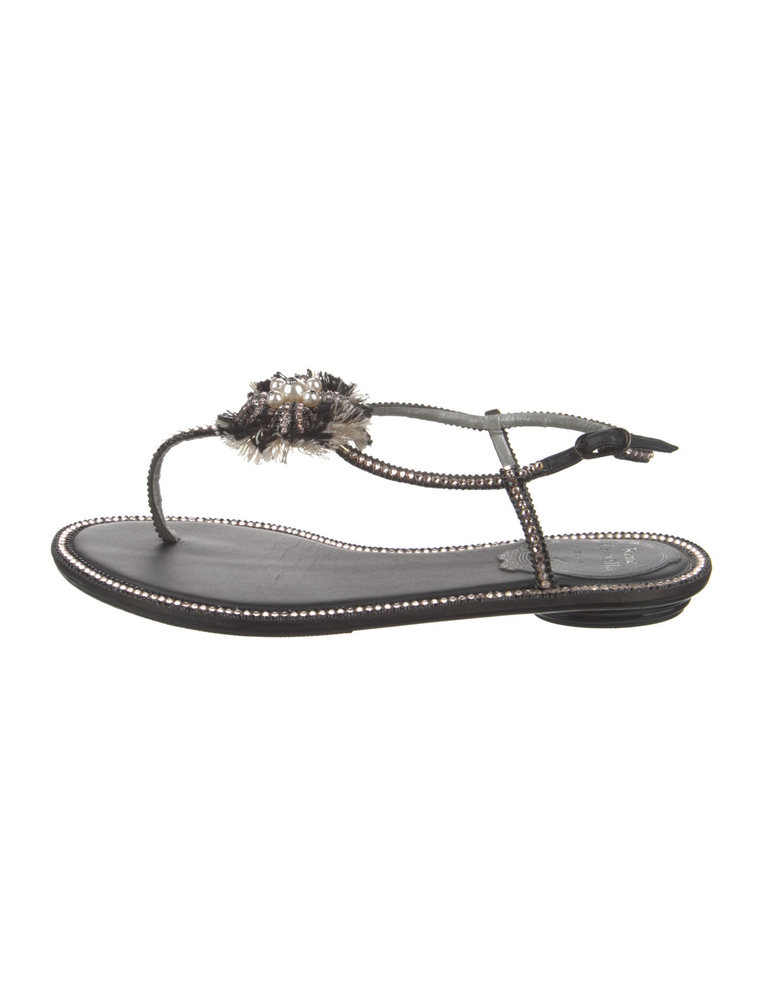 René Caovilla Leather Crystal Embellishments T-Strap Sandals