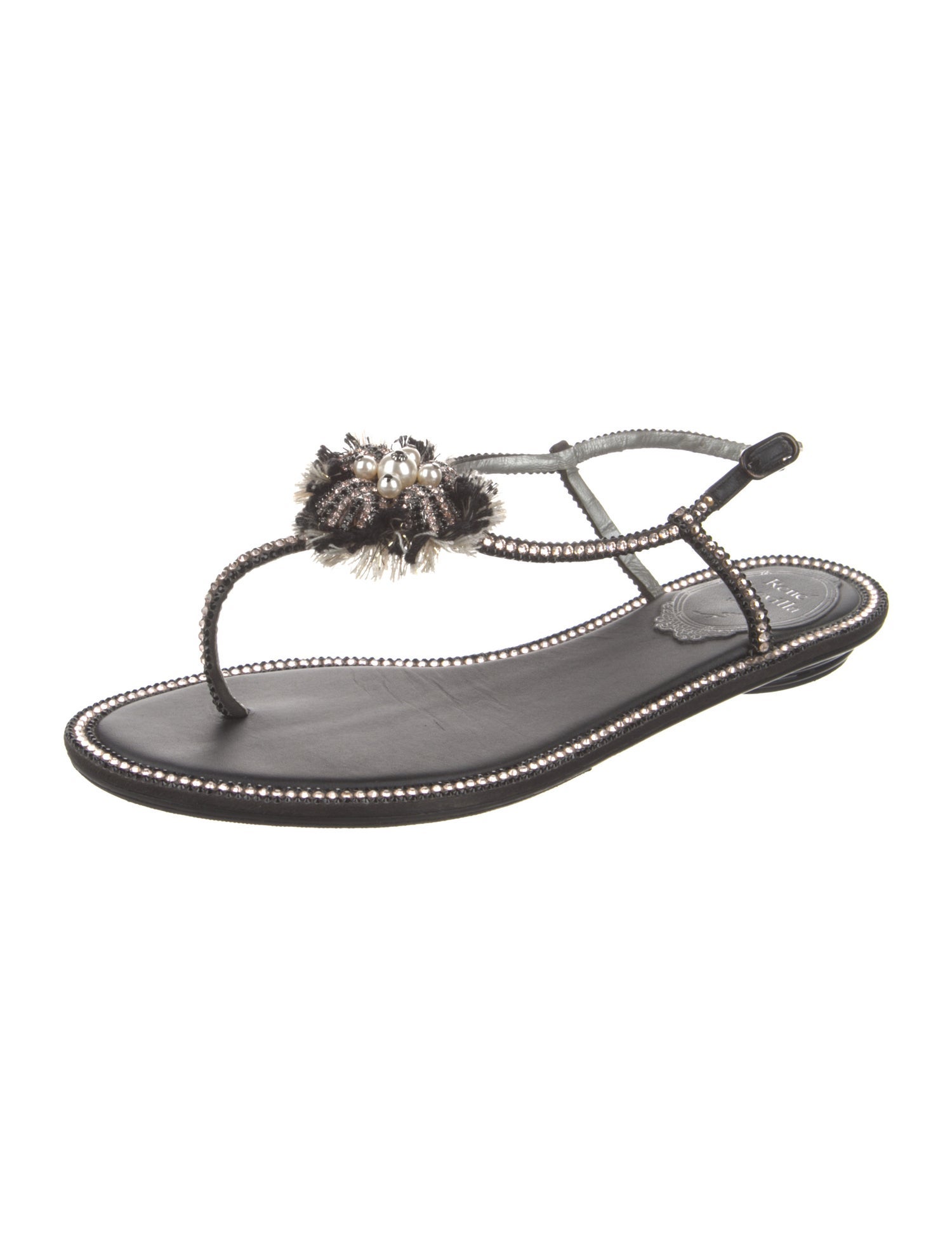 René Caovilla Leather Crystal Embellishments T-Strap Sandals