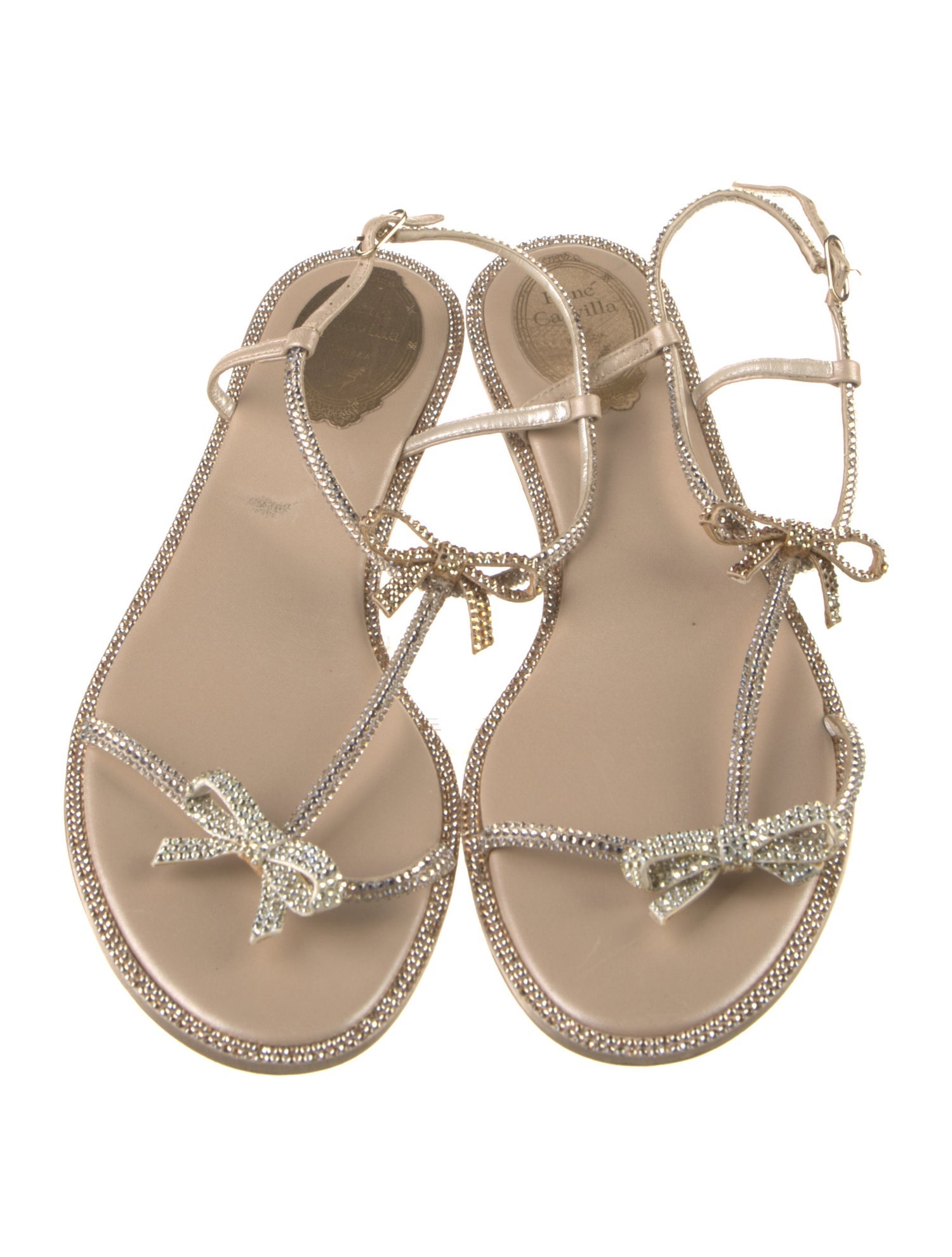 René Caovilla Leather Crystal Embellishments T-Strap Sandals