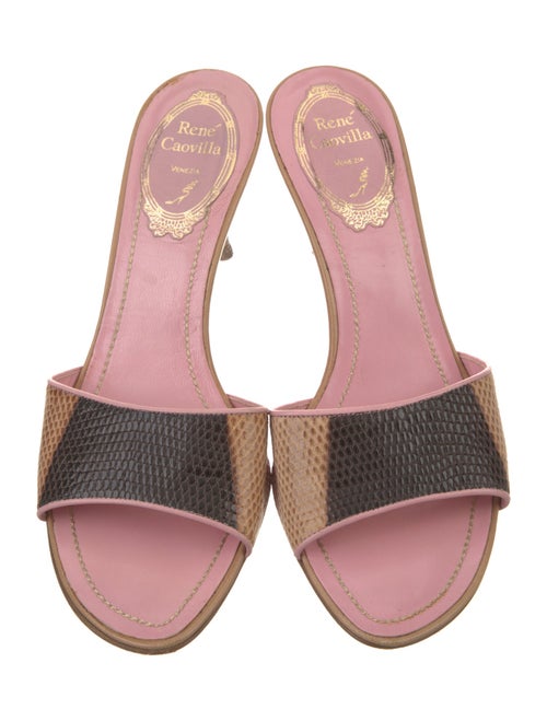 René Caovilla Leather Animal Print Slides