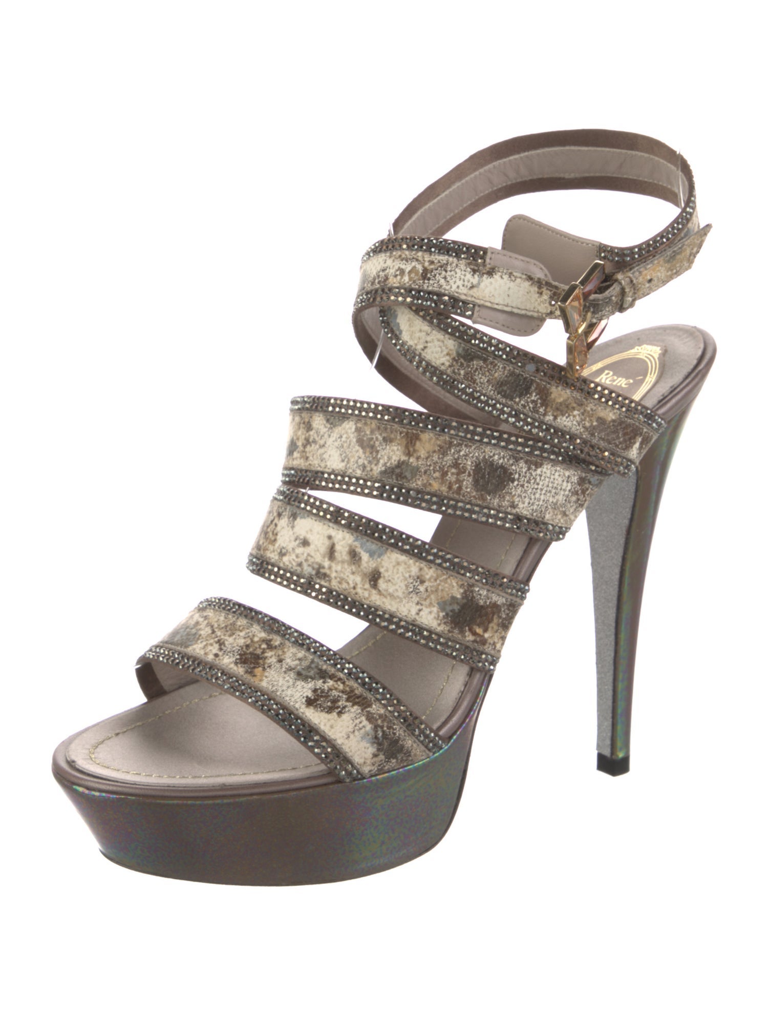 René Caovilla Leather Animal Print Sandals