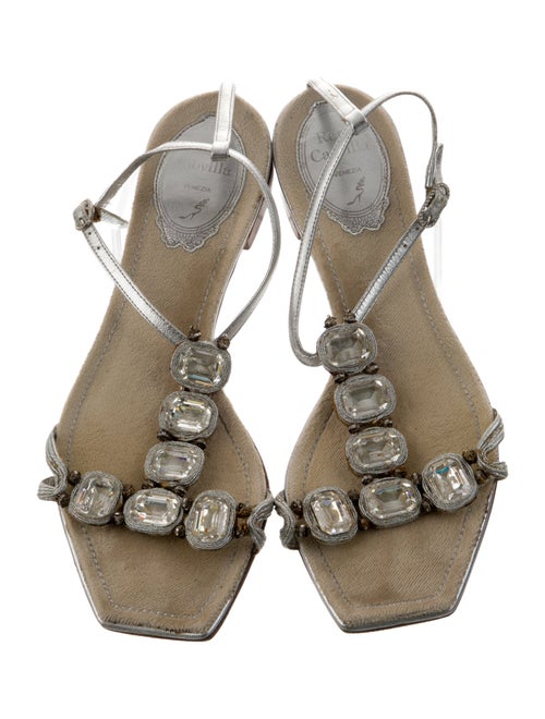 René Caovilla Leather Crystal Embellishments T-Strap Sandals