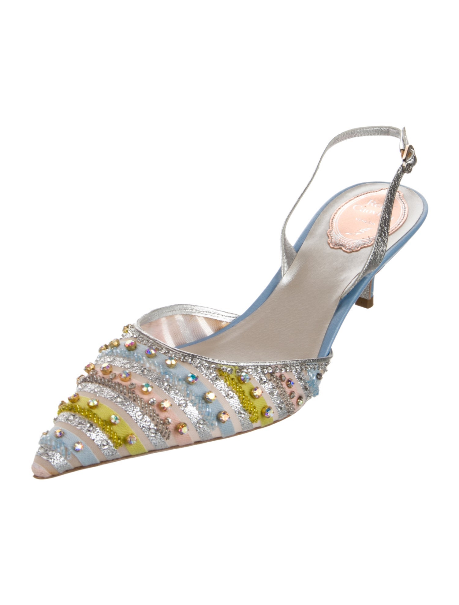 René Caovilla Satin Crystal Embellishments Slingback Pumps