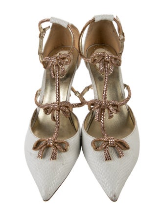 René Caovilla Canvas Crystal Embellishments T-Strap Pumps