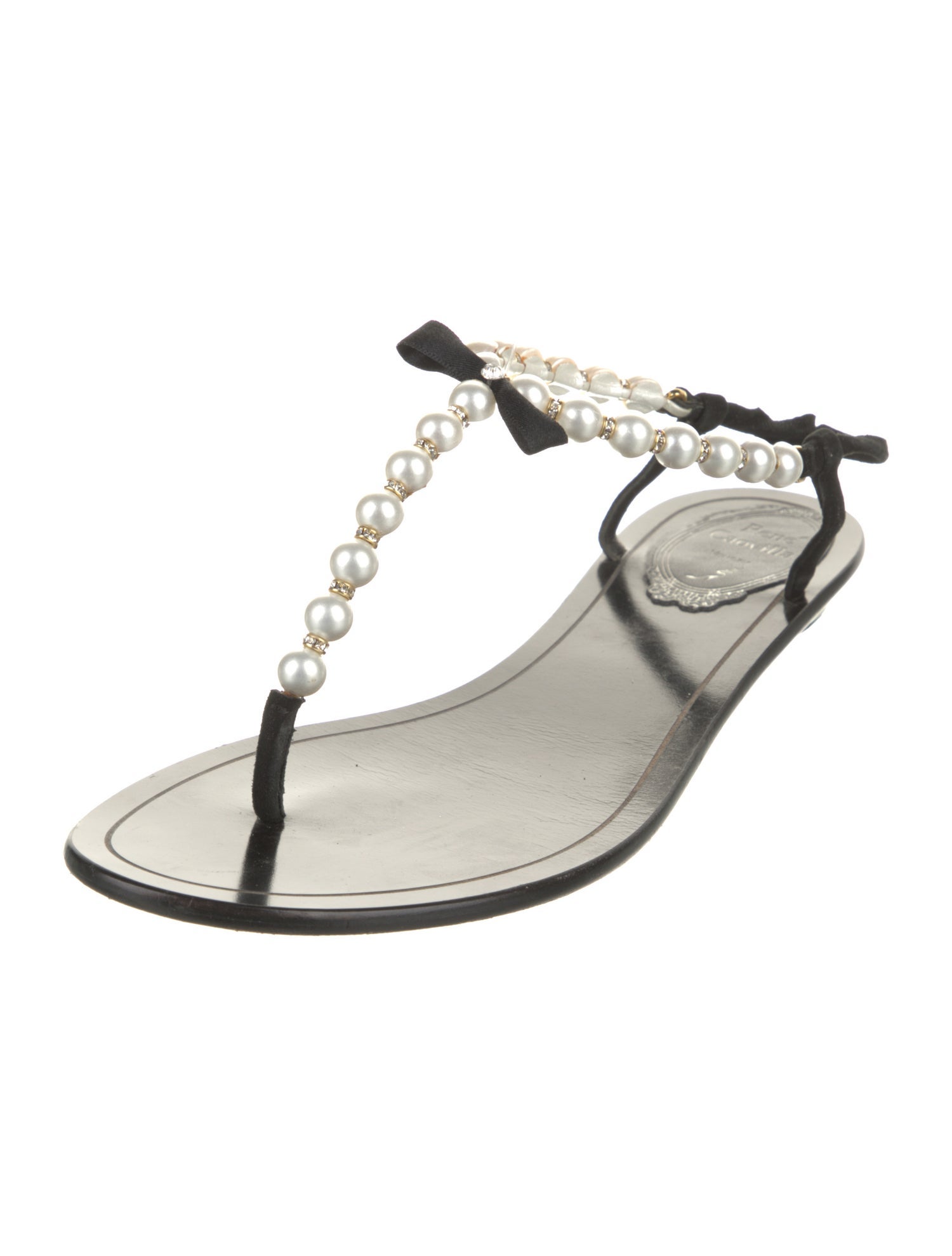 René Caovilla Leather Bow Accents T-Strap Sandals