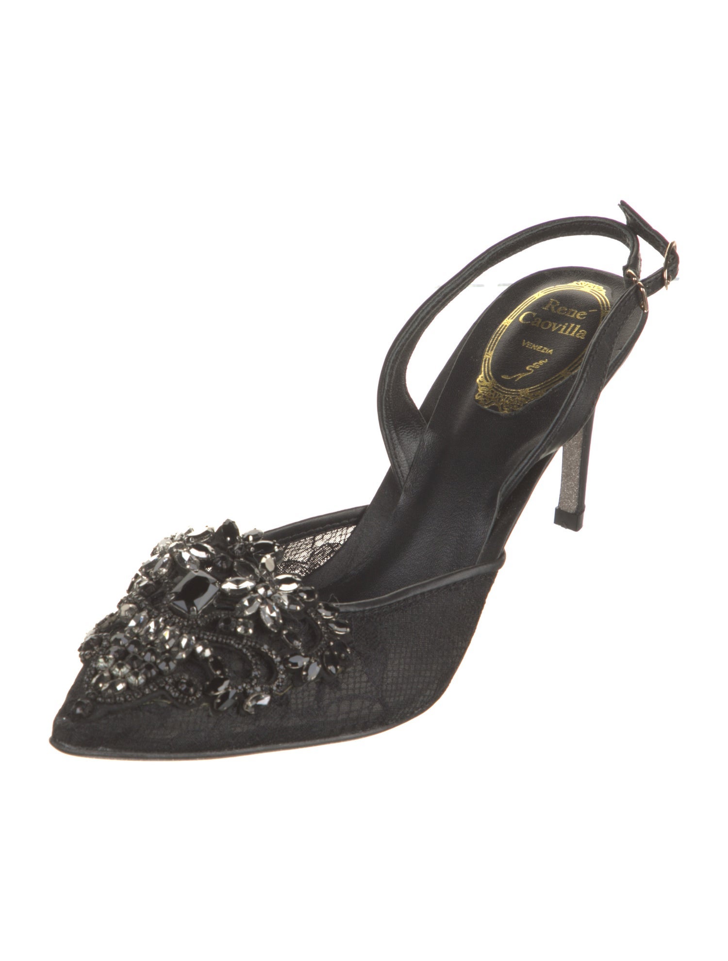 René Caovilla Lace Crystal Embellishments Slingback Pumps