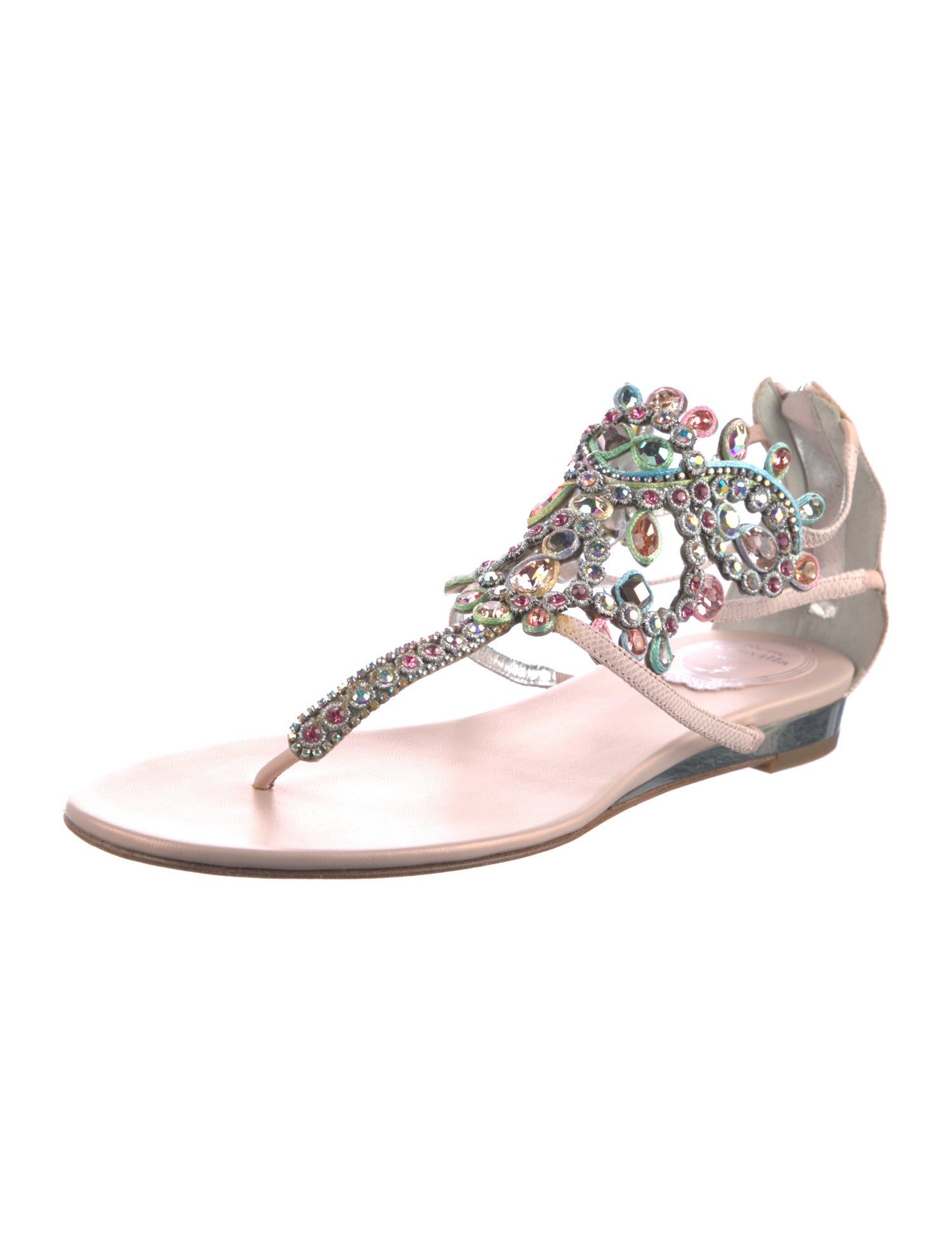 René Caovilla Leather Crystal Embellishments T-Strap Sandals