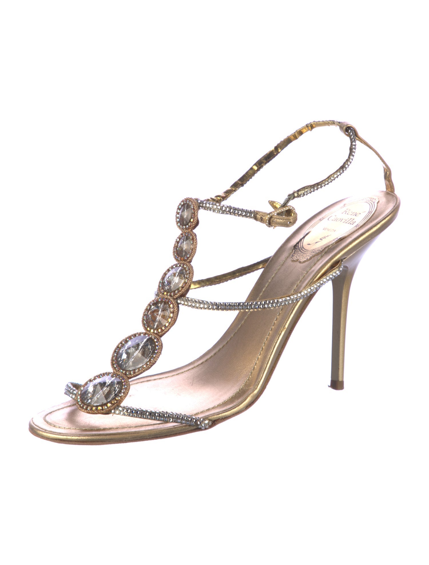 René Caovilla Leather Crystal Embellishments T-Strap Sandals