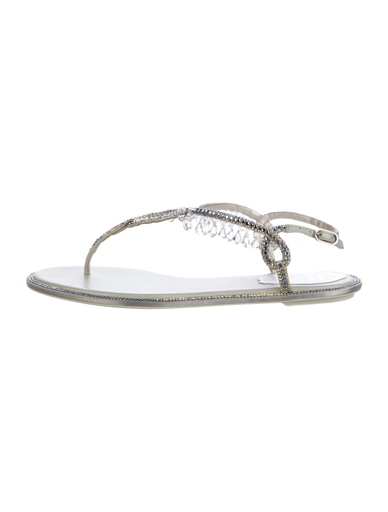 René Caovilla Leather Crystal Embellishments T-Strap Sandals