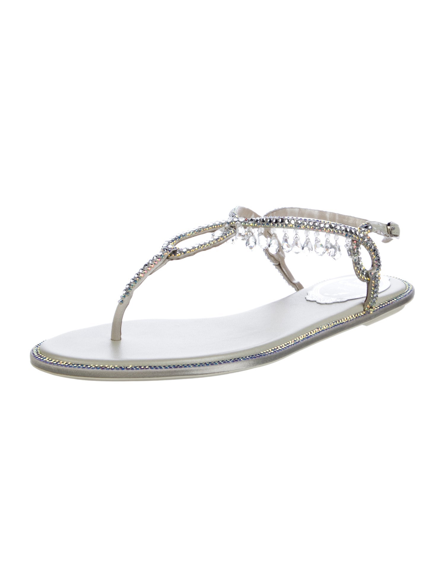 René Caovilla Leather Crystal Embellishments T-Strap Sandals