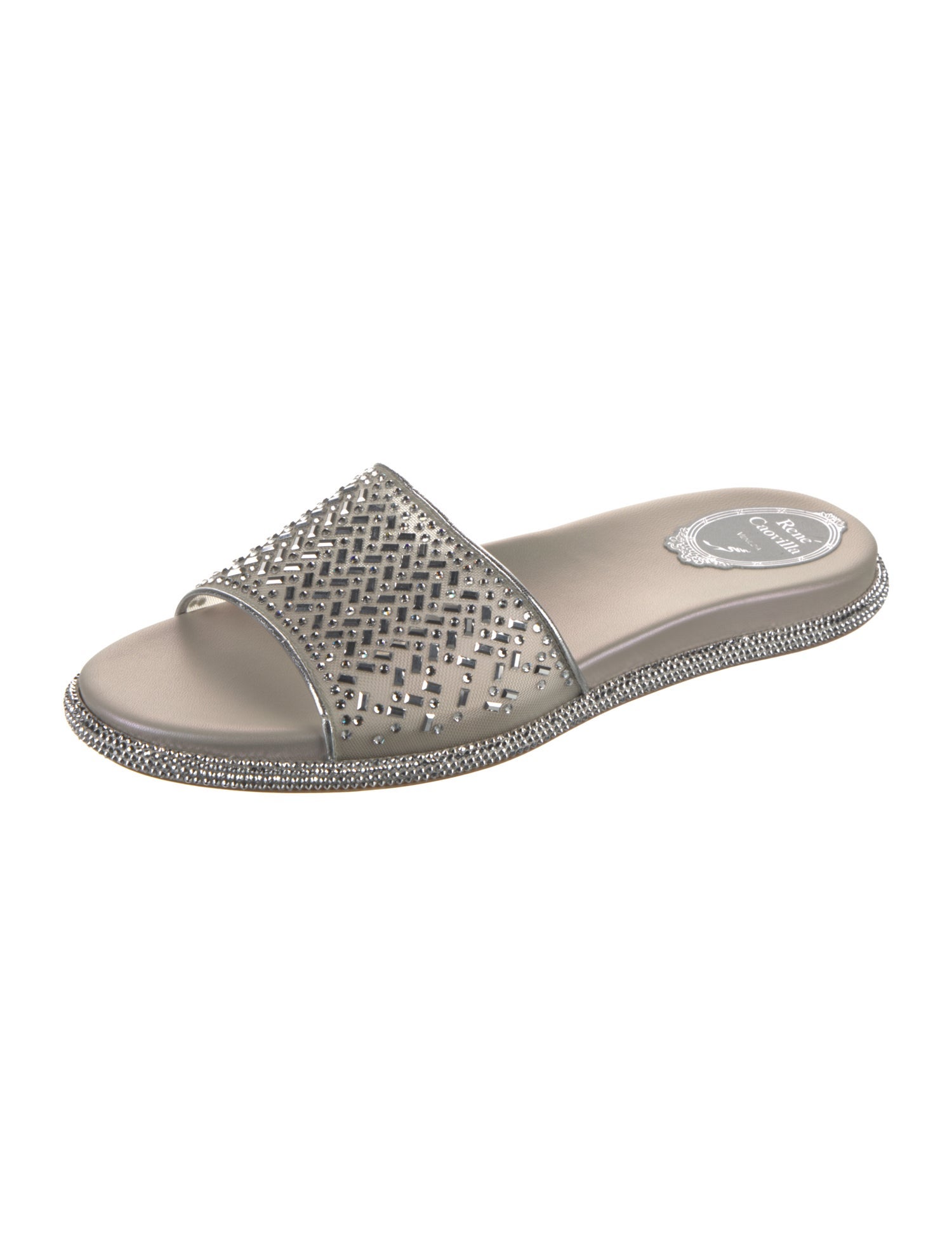 René Caovilla Leather Crystal Embellishments Slides