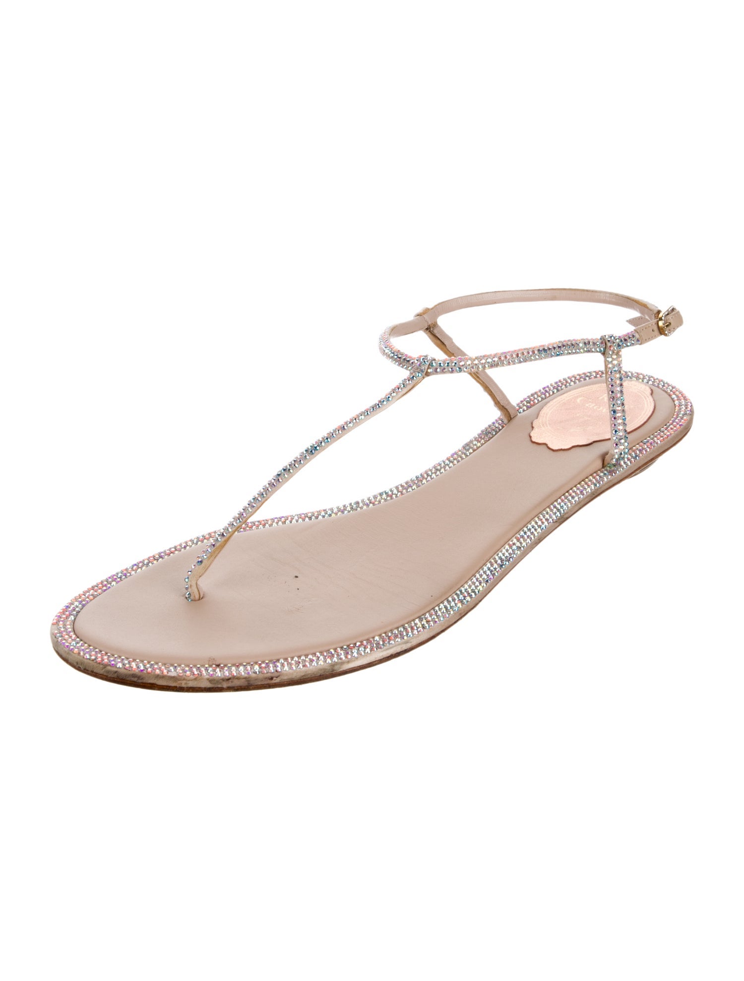 René Caovilla Leather Crystal Embellishments T-Strap Sandals